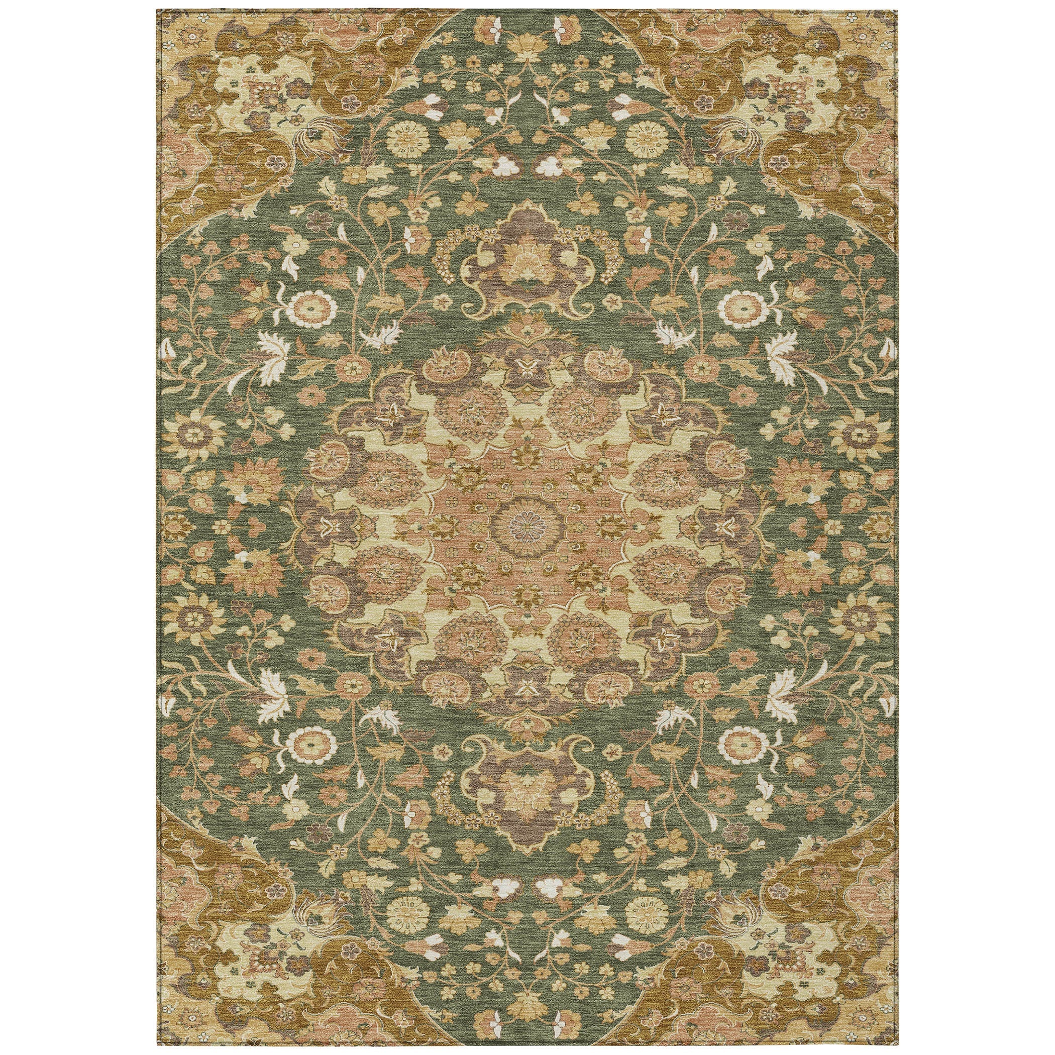 3' X 5' Olive Green And Green Damask Washable Indoor Outdoor Area Rug Homeroots Outdoor