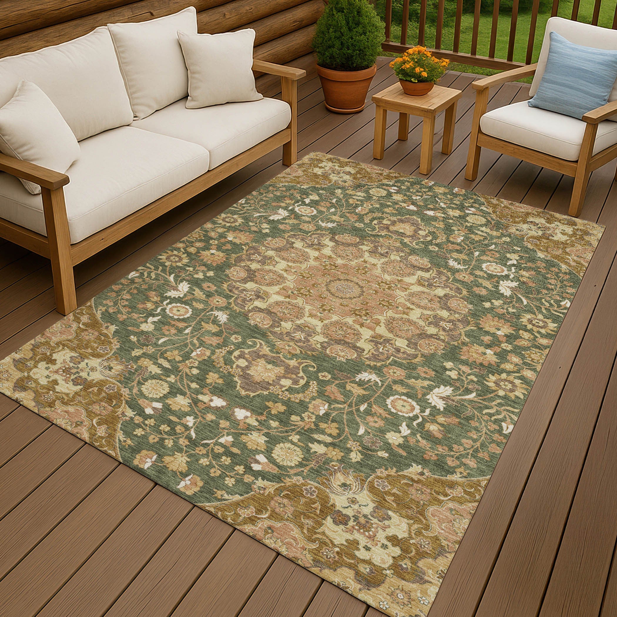 3' X 5' Olive Green And Green Damask Washable Indoor Outdoor Area Rug Homeroots Outdoor