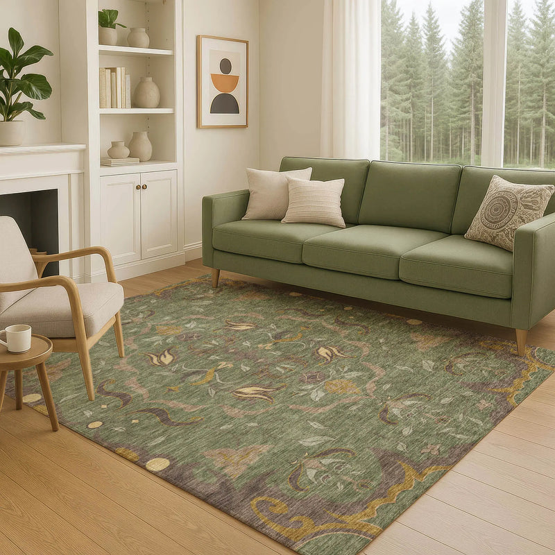 3' X 5' Olive Green And Green Damask Washable Indoor Outdoor Area Rug Homeroots Outdoor