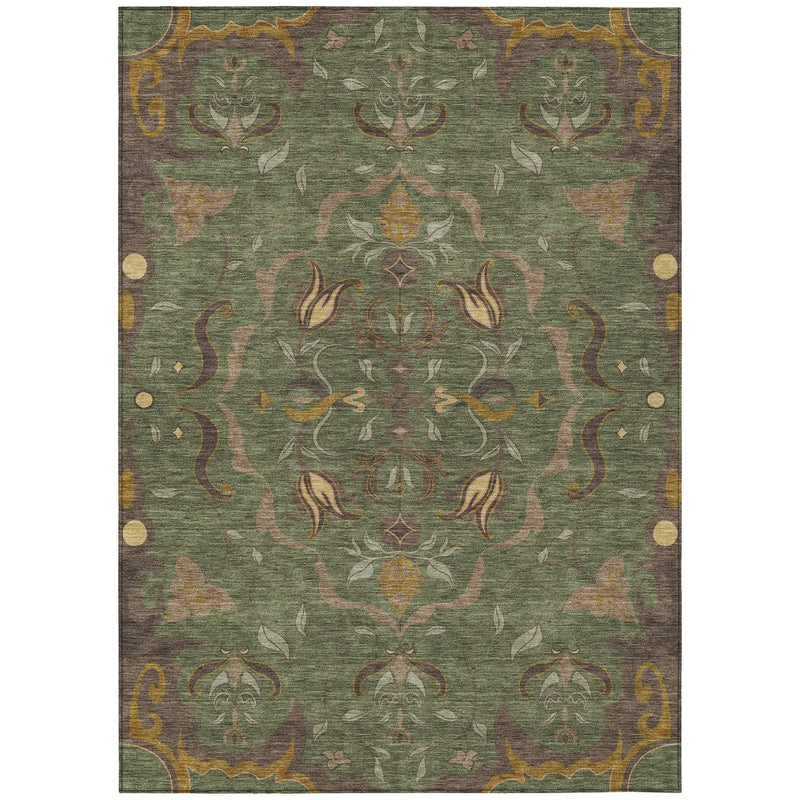 3' X 5' Olive Green And Green Damask Washable Indoor Outdoor Area Rug Homeroots Outdoor