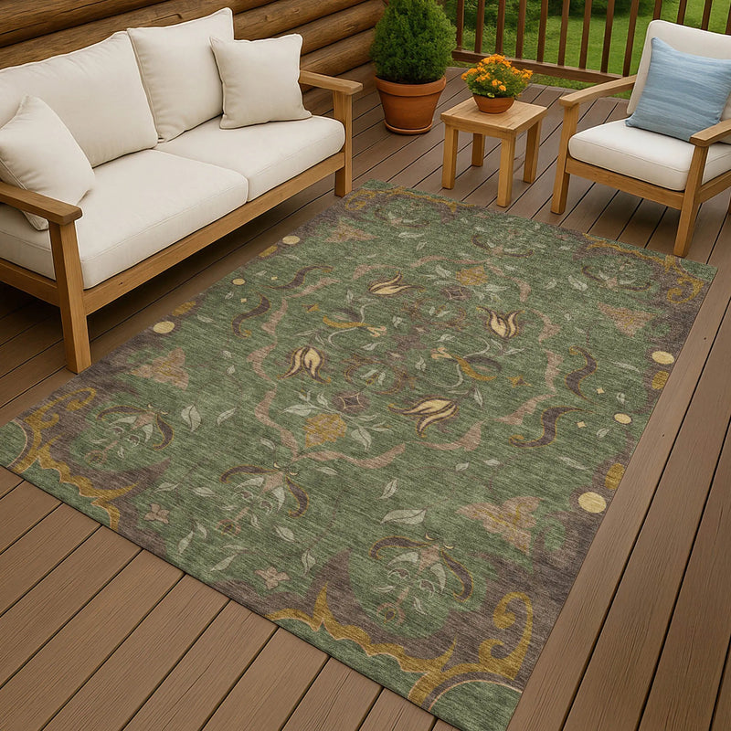 3' X 5' Olive Green And Green Damask Washable Indoor Outdoor Area Rug Homeroots Outdoor