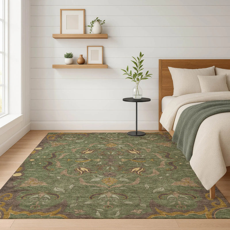 3' X 5' Olive Green And Green Damask Washable Indoor Outdoor Area Rug Homeroots Outdoor