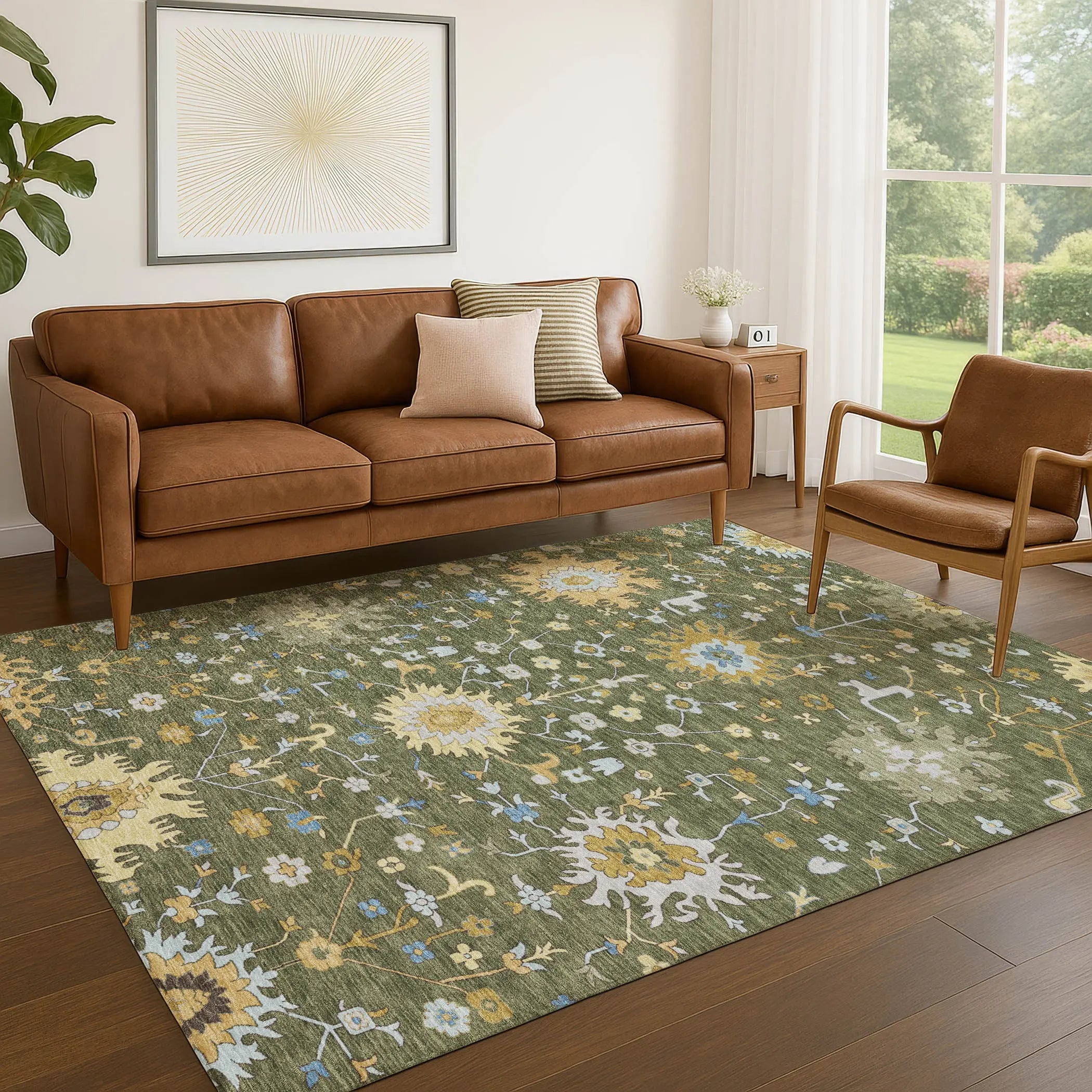 3' X 5' Olive Green And Green Faux Bois Washable Indoor Outdoor Area Rug Homeroots Outdoor