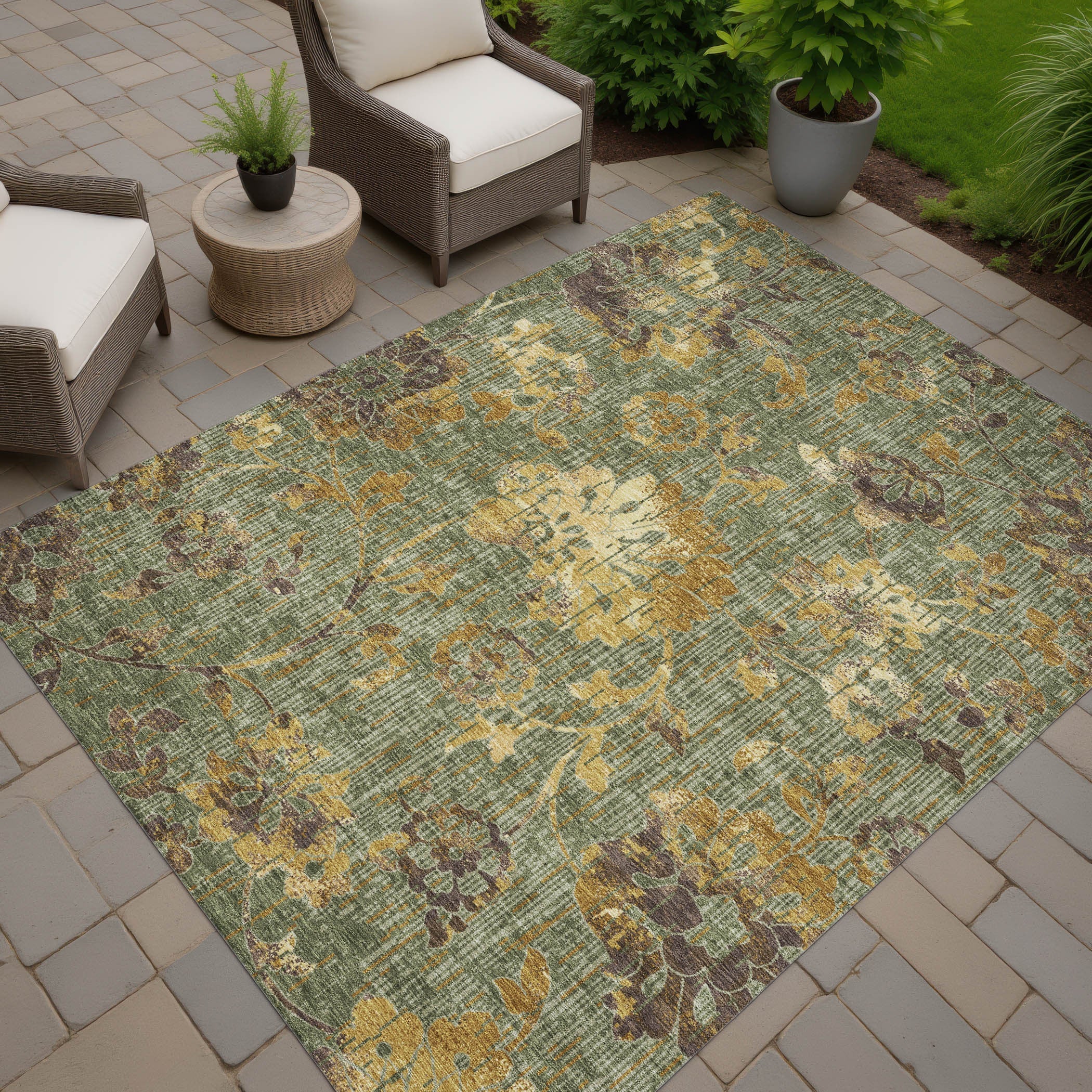 3' X 5' Olive Green And Green Floral Washable Indoor Outdoor Area Rug Homeroots Outdoor