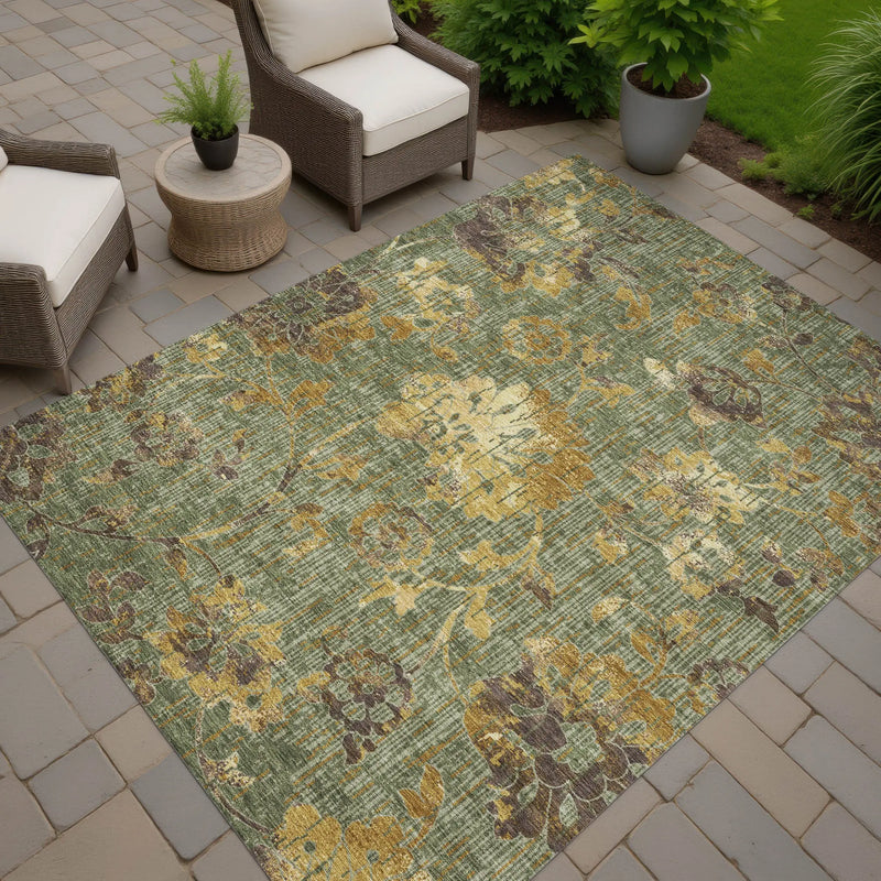 3' X 5' Olive Green And Green Floral Washable Indoor Outdoor Area Rug Homeroots Outdoor