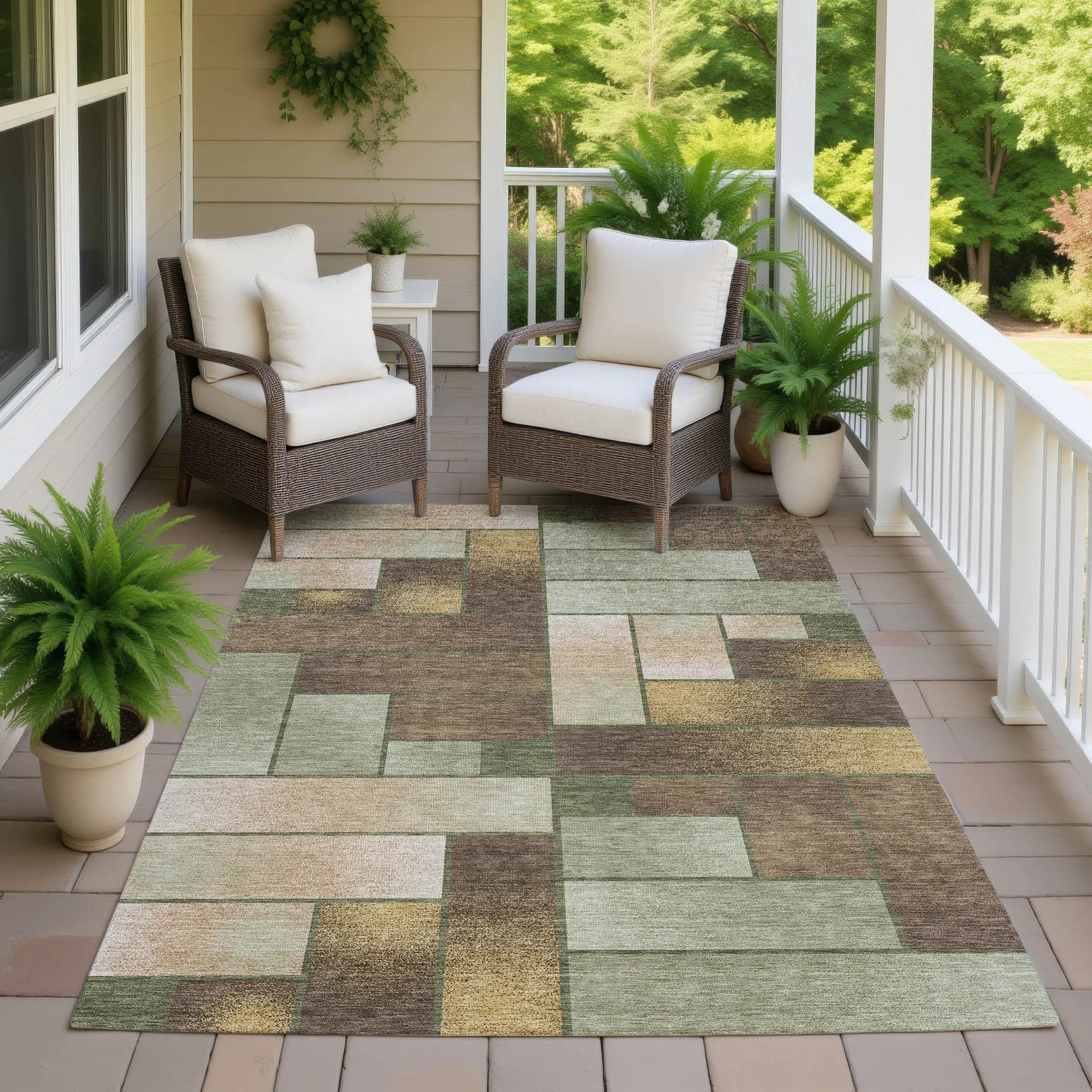 3' X 5' Olive Green And Green Geometric Washable Indoor Outdoor Area Rug Homeroots Outdoor