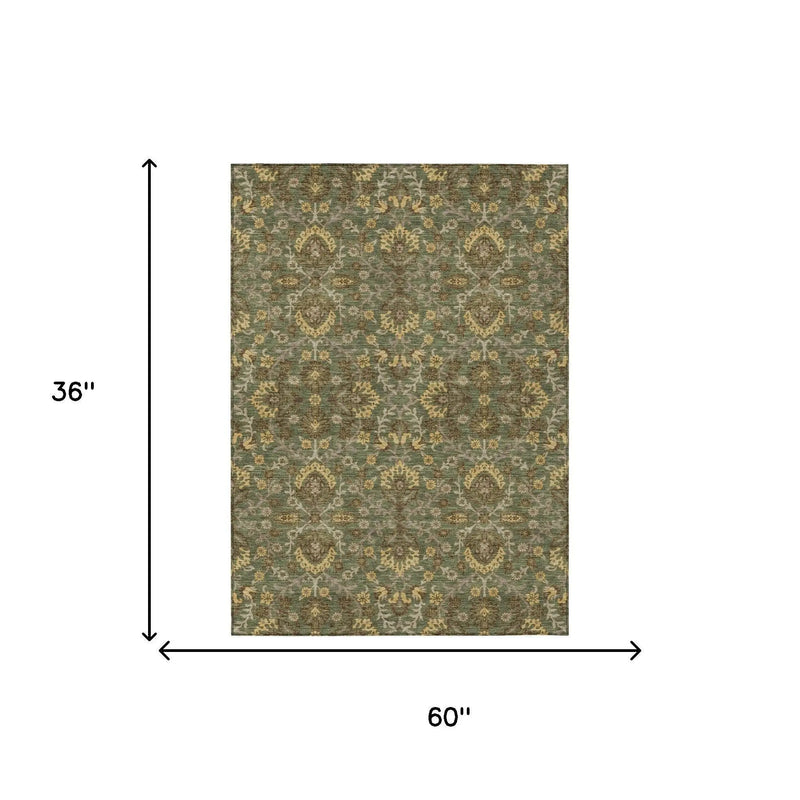 3' X 5' Olive Green And Green Geometric Washable Indoor Outdoor Area Rug Homeroots Outdoor