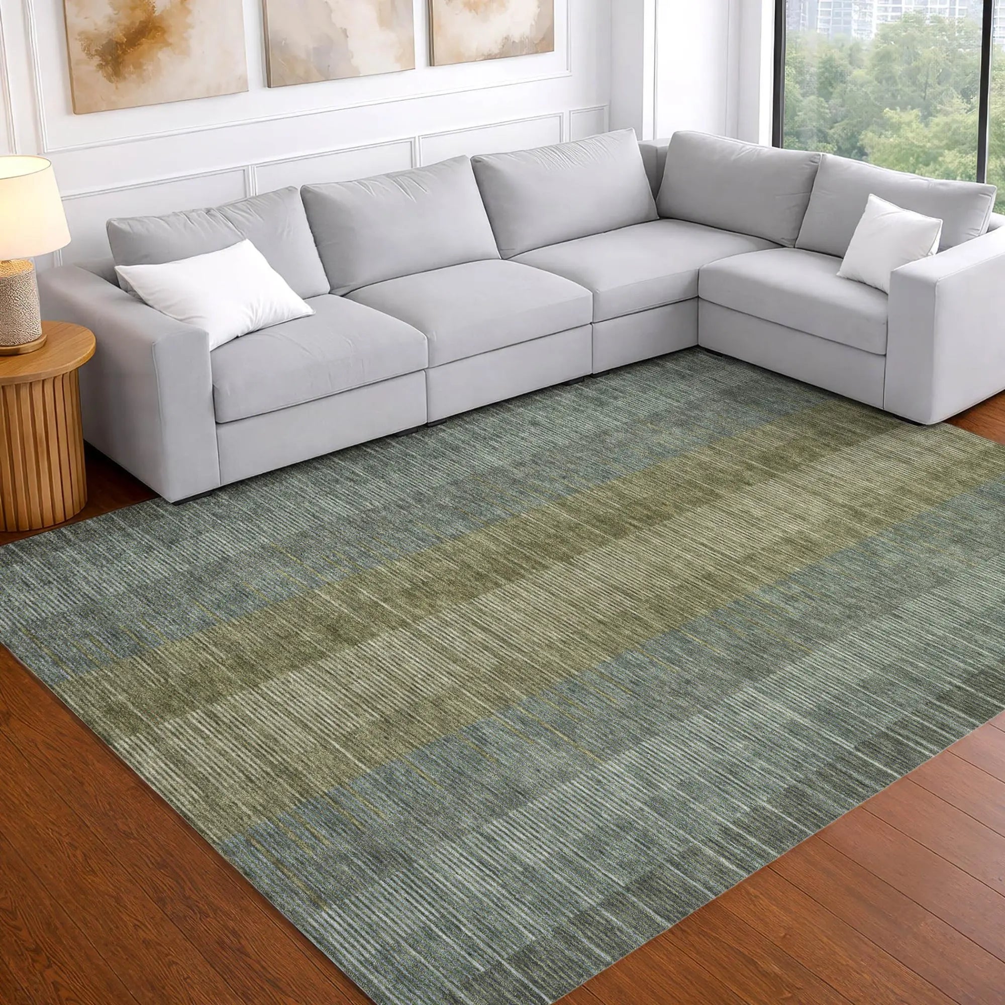3' X 5' Olive Green And Green Striped Washable Indoor Outdoor Area Rug Homeroots Outdoor