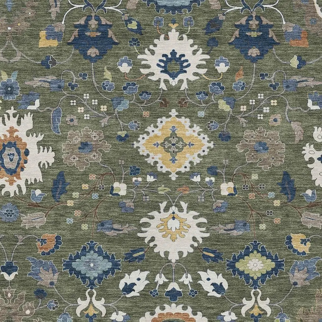 3' X 5' Olive Green And Ivory Floral Medallion Washable Indoor Outdoor Area Rug Homeroots Outdoor