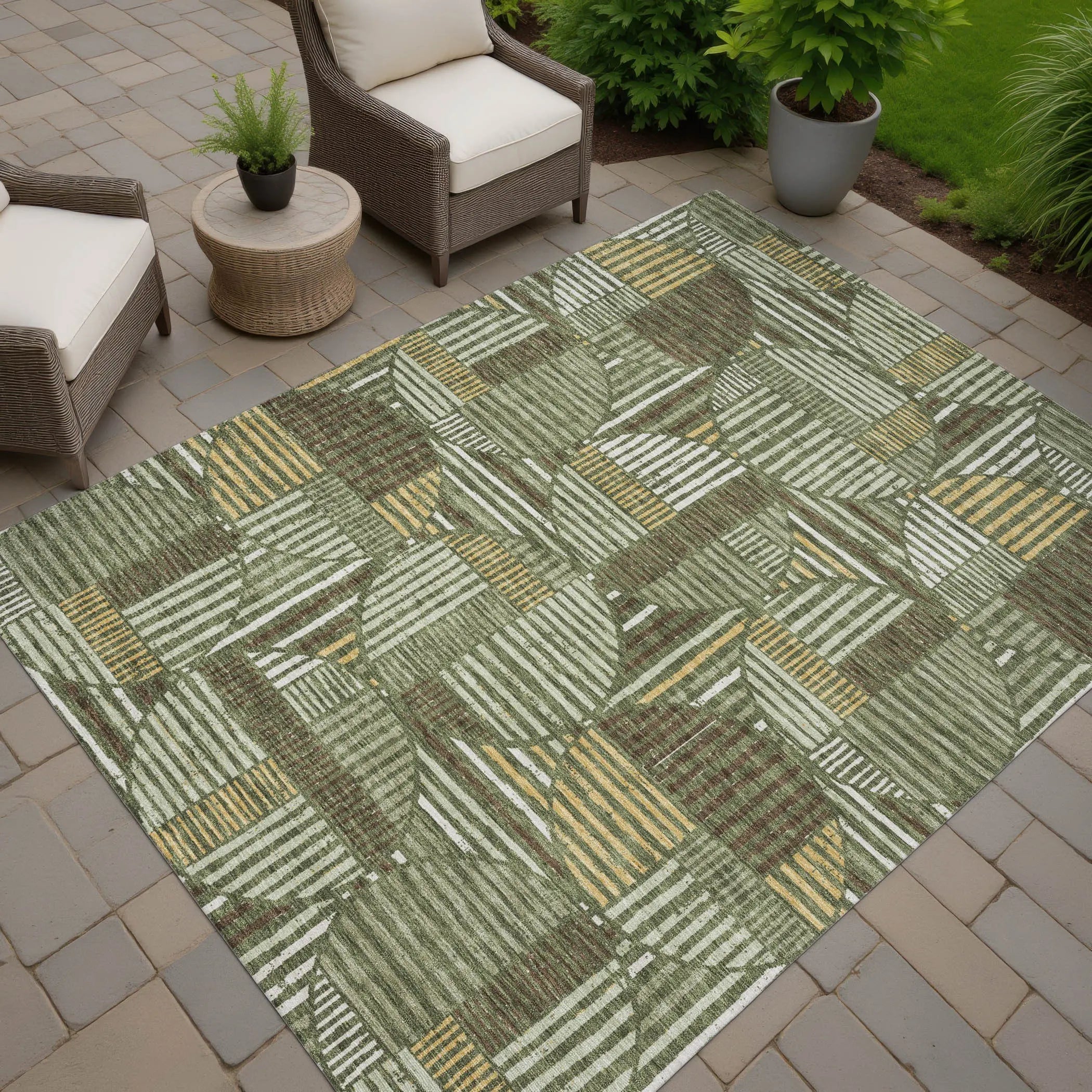 3' X 5' Olive Green And Khaki Geometric Washable Indoor Outdoor Area Rug Homeroots Outdoor