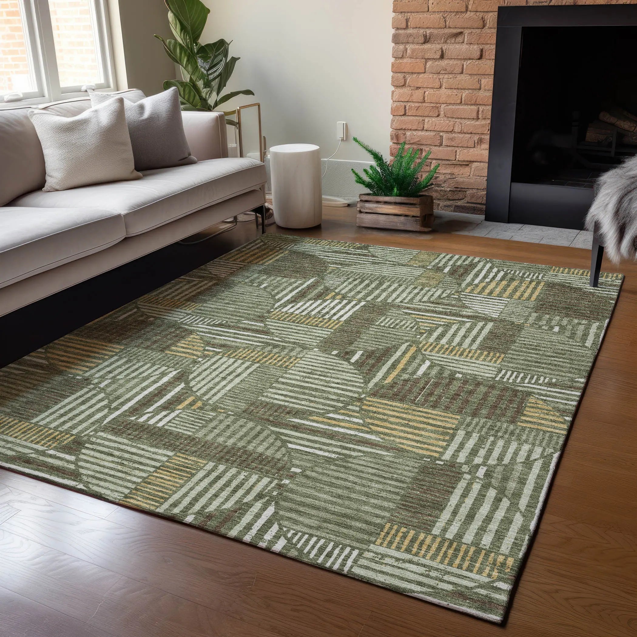 3' X 5' Olive Green And Khaki Geometric Washable Indoor Outdoor Area Rug Homeroots Outdoor