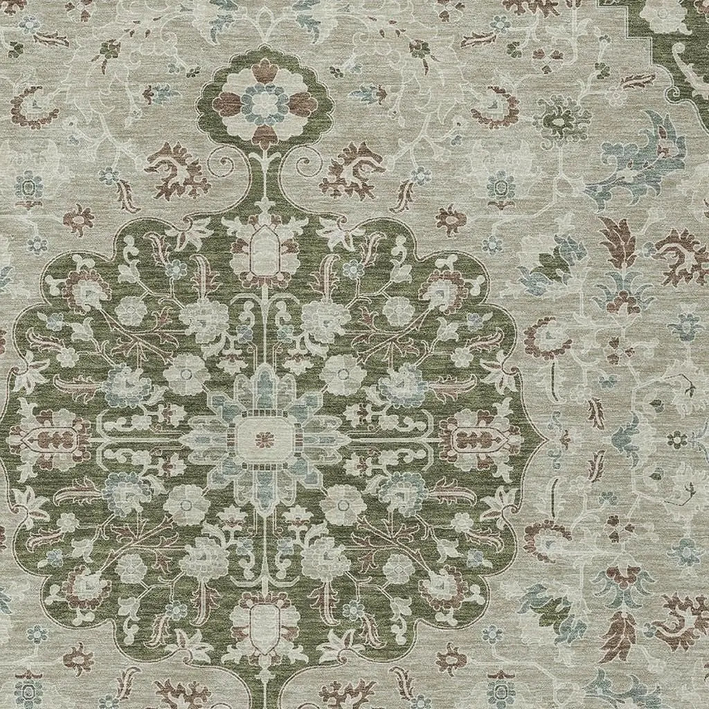 3' X 5' Olive Green And Sage Floral Medallion Washable Indoor Outdoor Area Rug Homeroots Outdoor