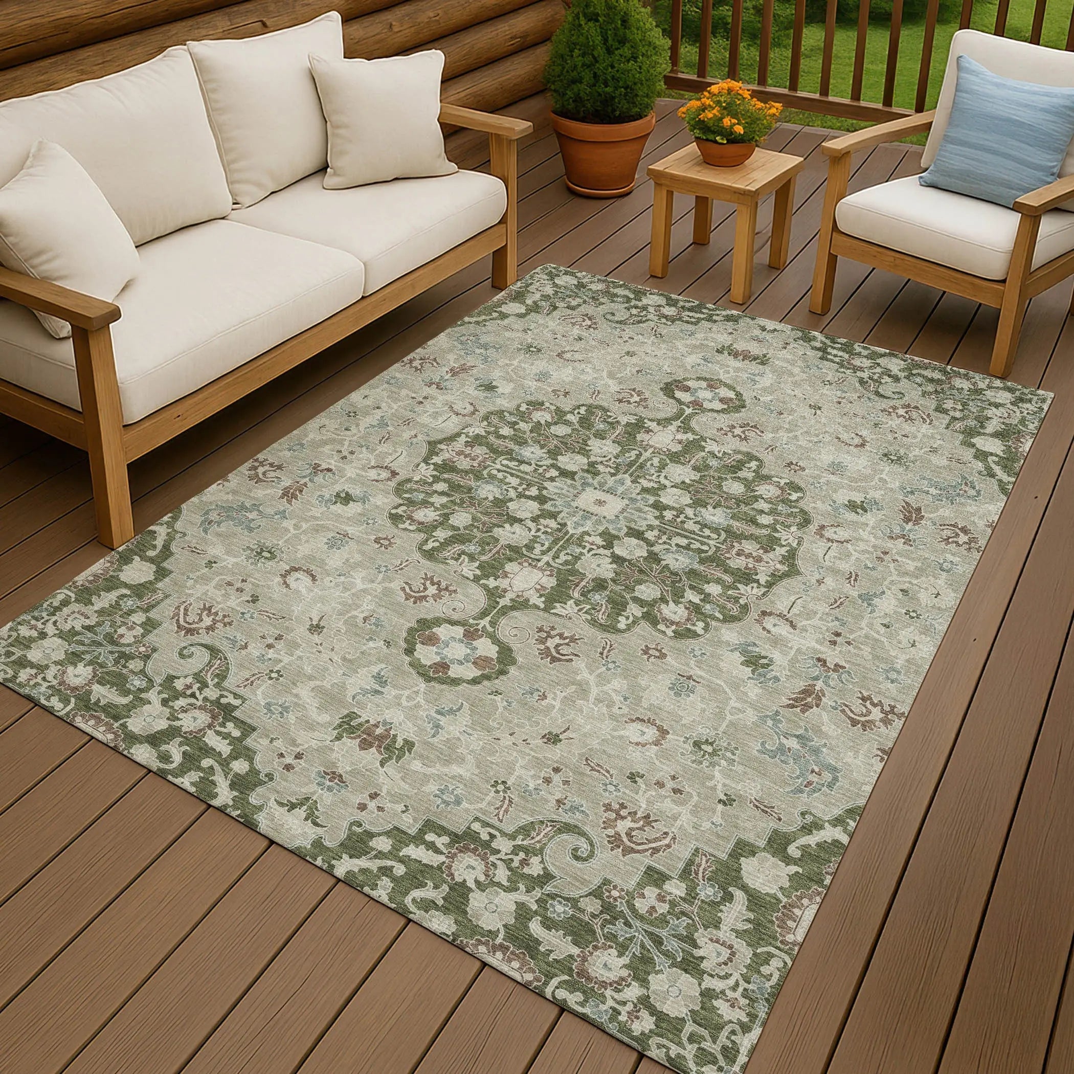 3' X 5' Olive Green And Sage Floral Medallion Washable Indoor Outdoor Area Rug Homeroots Outdoor