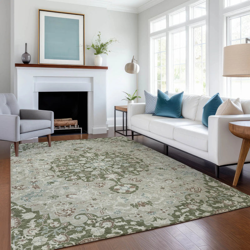 3' X 5' Olive Green And Sage Floral Medallion Washable Indoor Outdoor Area Rug Homeroots Outdoor