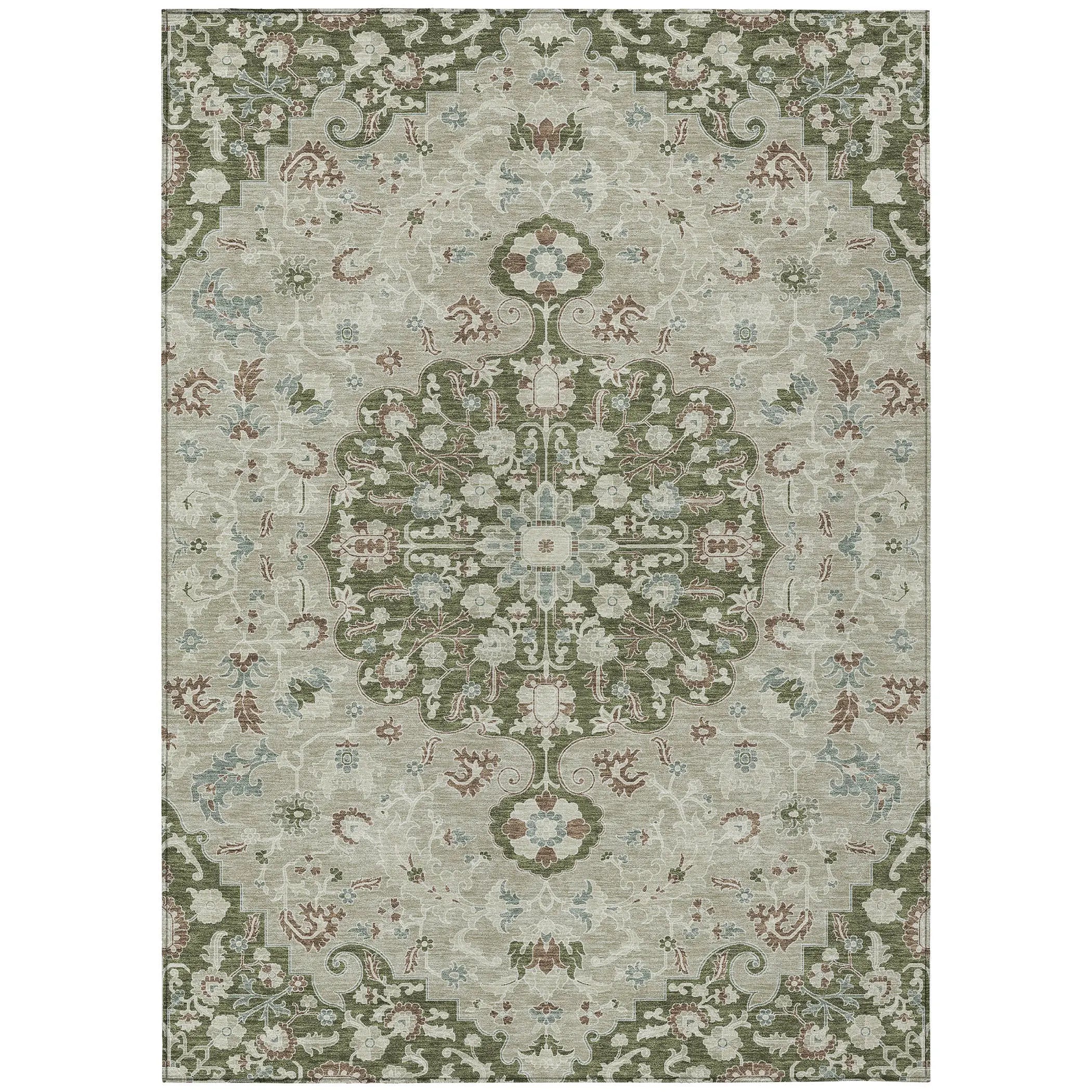 3' X 5' Olive Green And Sage Floral Medallion Washable Indoor Outdoor Area Rug Homeroots Outdoor