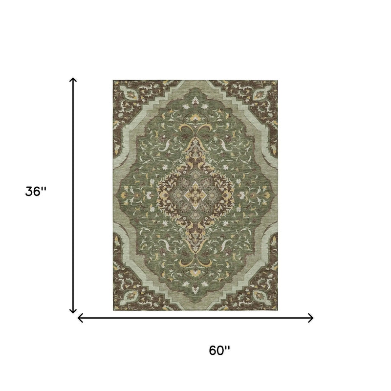 3' X 5' Olive Green And Taupe Medallion Washable Indoor Outdoor Area Rug Homeroots Outdoor