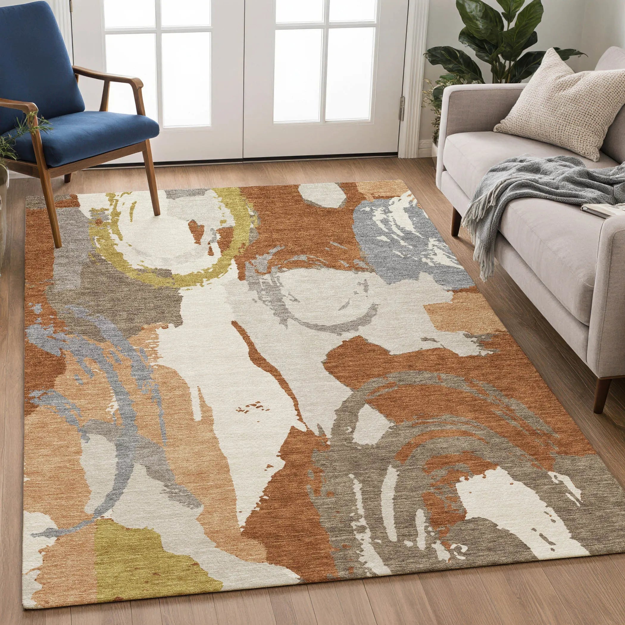 3' X 5' Orange And Beige Abstract Washable Indoor Outdoor Area Rug Homeroots Outdoor
