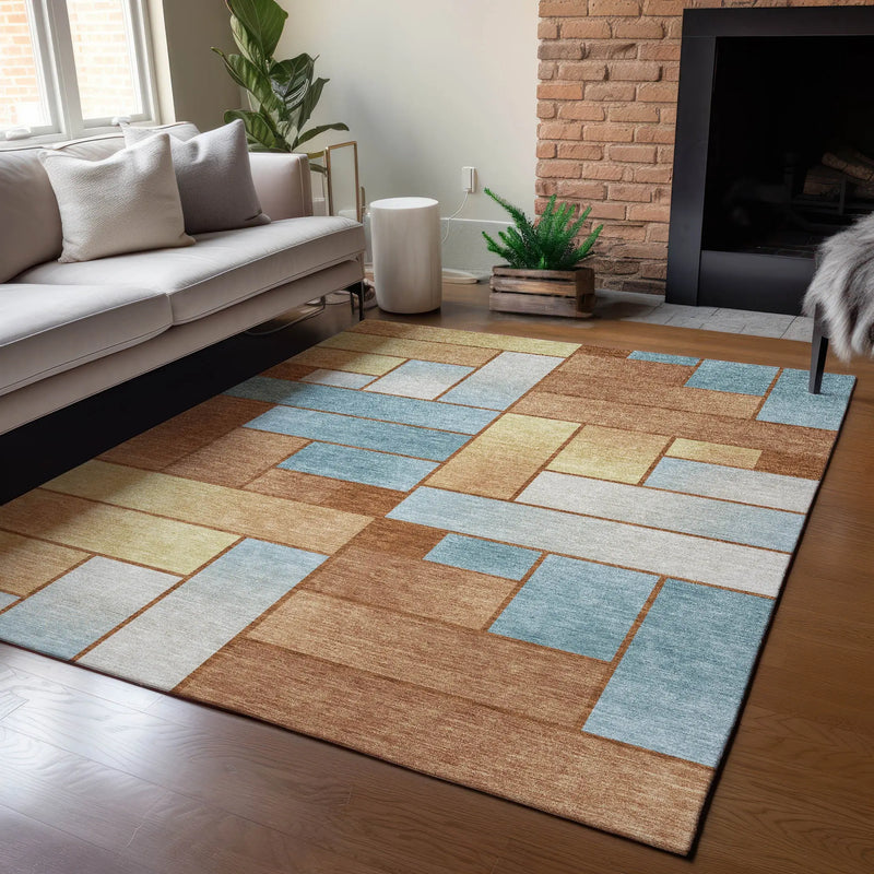 3' X 5' Orange And Blue Geometric Washable Indoor Outdoor Area Rug Homeroots Outdoor