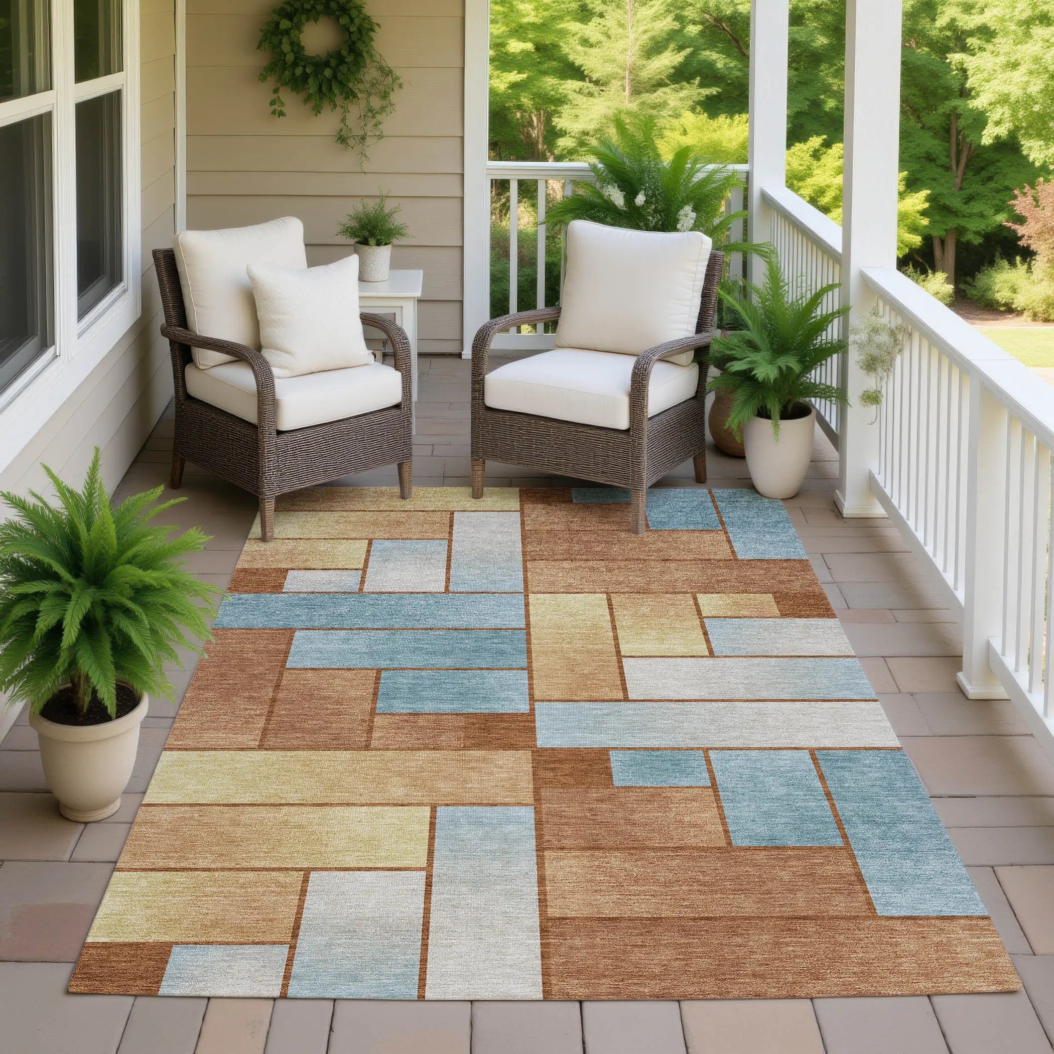 3' X 5' Orange And Blue Geometric Washable Indoor Outdoor Area Rug Homeroots Outdoor