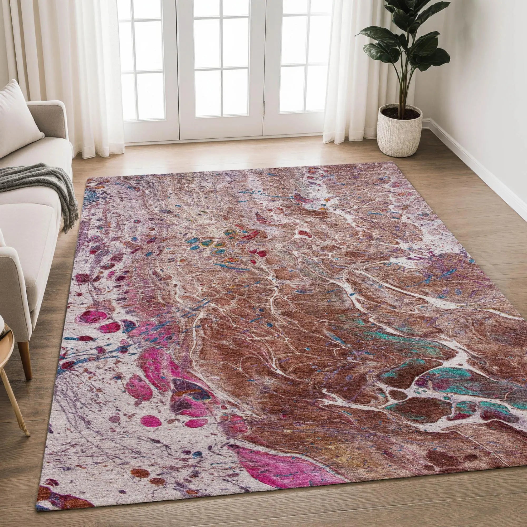 3' X 5' Orange And Blush Abstract Washable Indoor Outdoor Area Rug Homeroots Outdoor