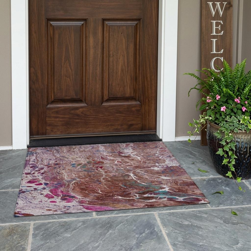 3' X 5' Orange And Blush Abstract Washable Indoor Outdoor Area Rug Homeroots Outdoor