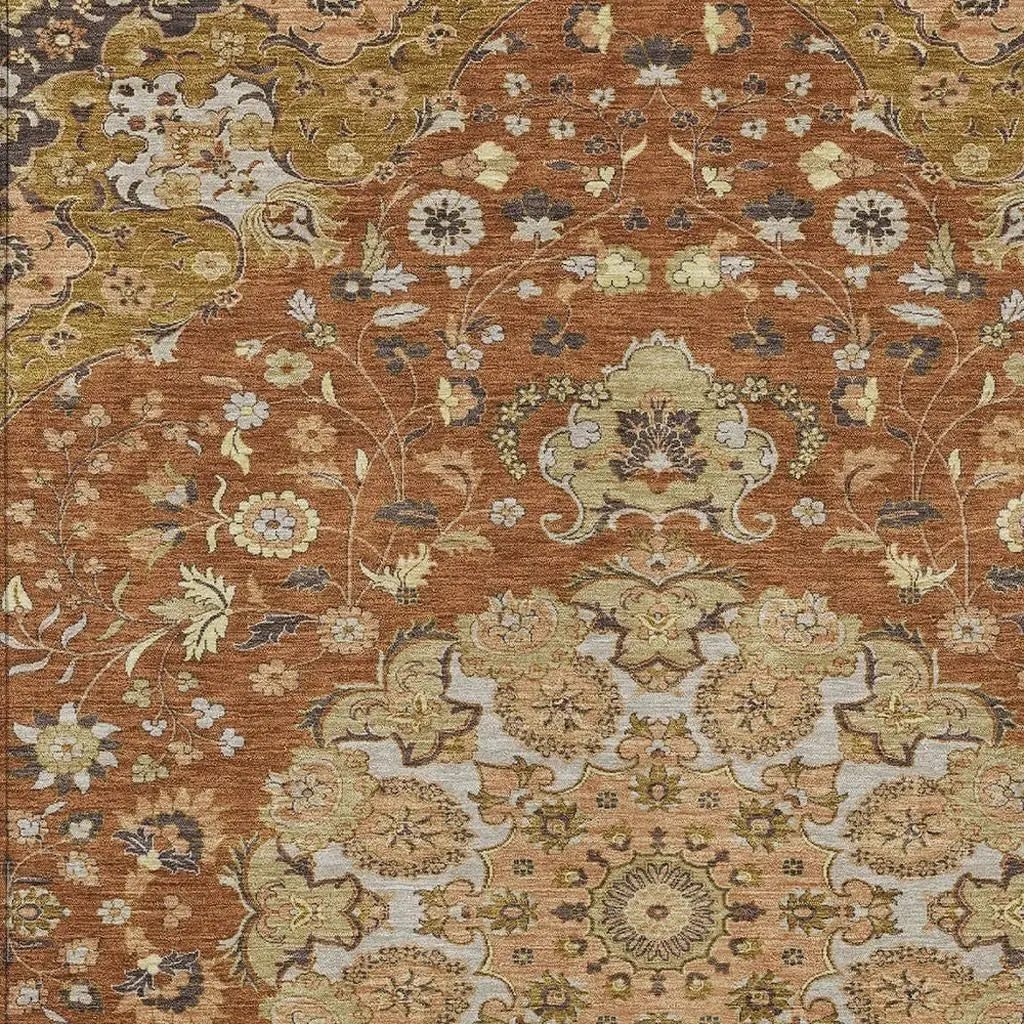 3' X 5' Orange And Brown Damask Washable Indoor Outdoor Area Rug Homeroots Outdoor