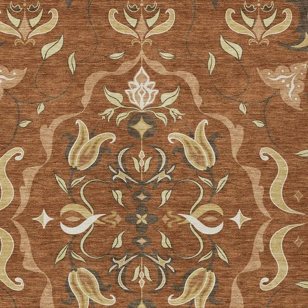 3' X 5' Orange And Brown Damask Washable Indoor Outdoor Area Rug Homeroots Outdoor