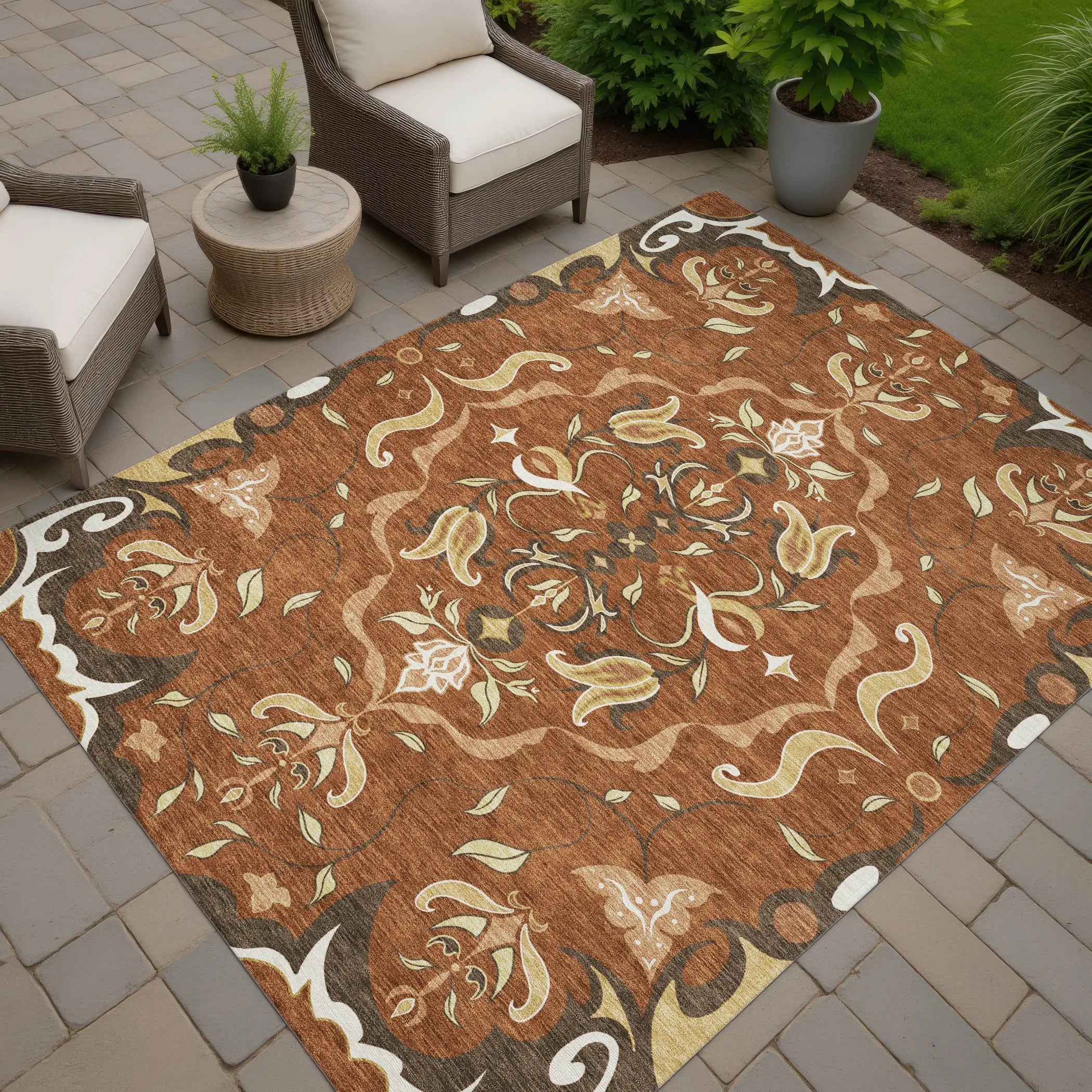 3' X 5' Orange And Brown Damask Washable Indoor Outdoor Area Rug Homeroots Outdoor