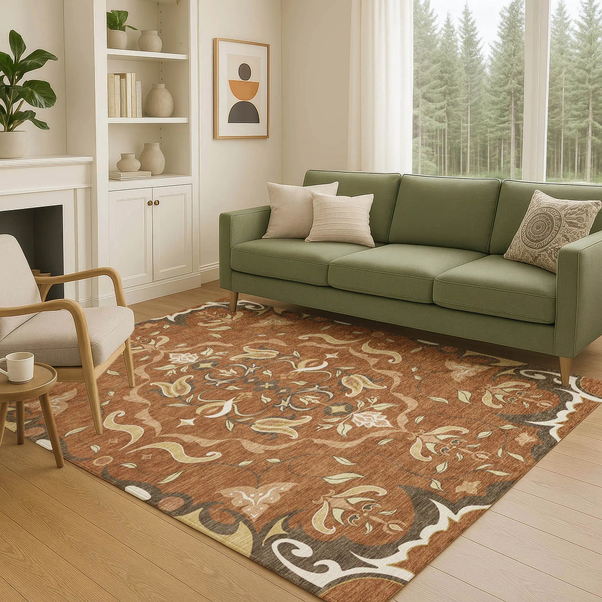 3' X 5' Orange And Brown Damask Washable Indoor Outdoor Area Rug Homeroots Outdoor