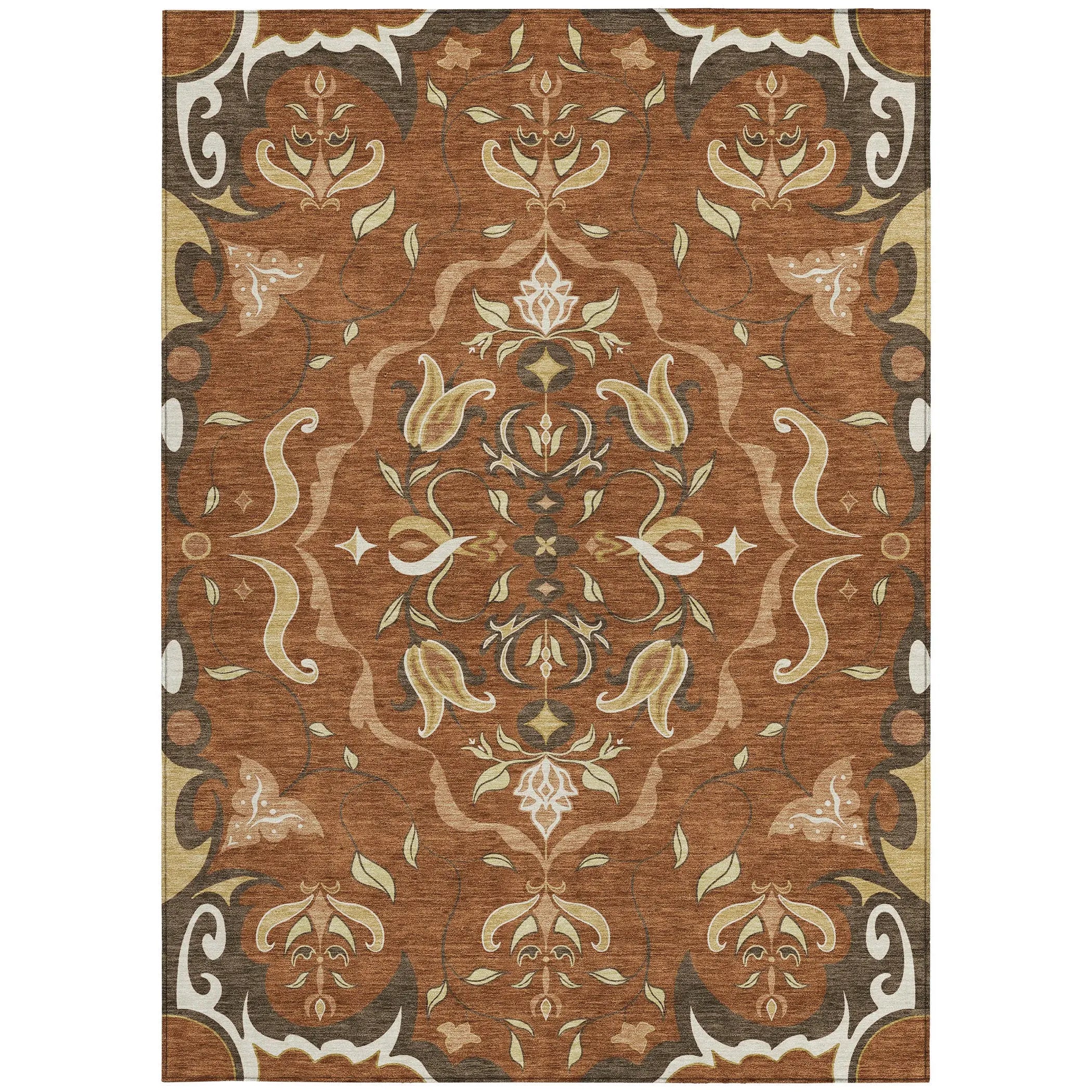 3' X 5' Orange And Brown Damask Washable Indoor Outdoor Area Rug Homeroots Outdoor