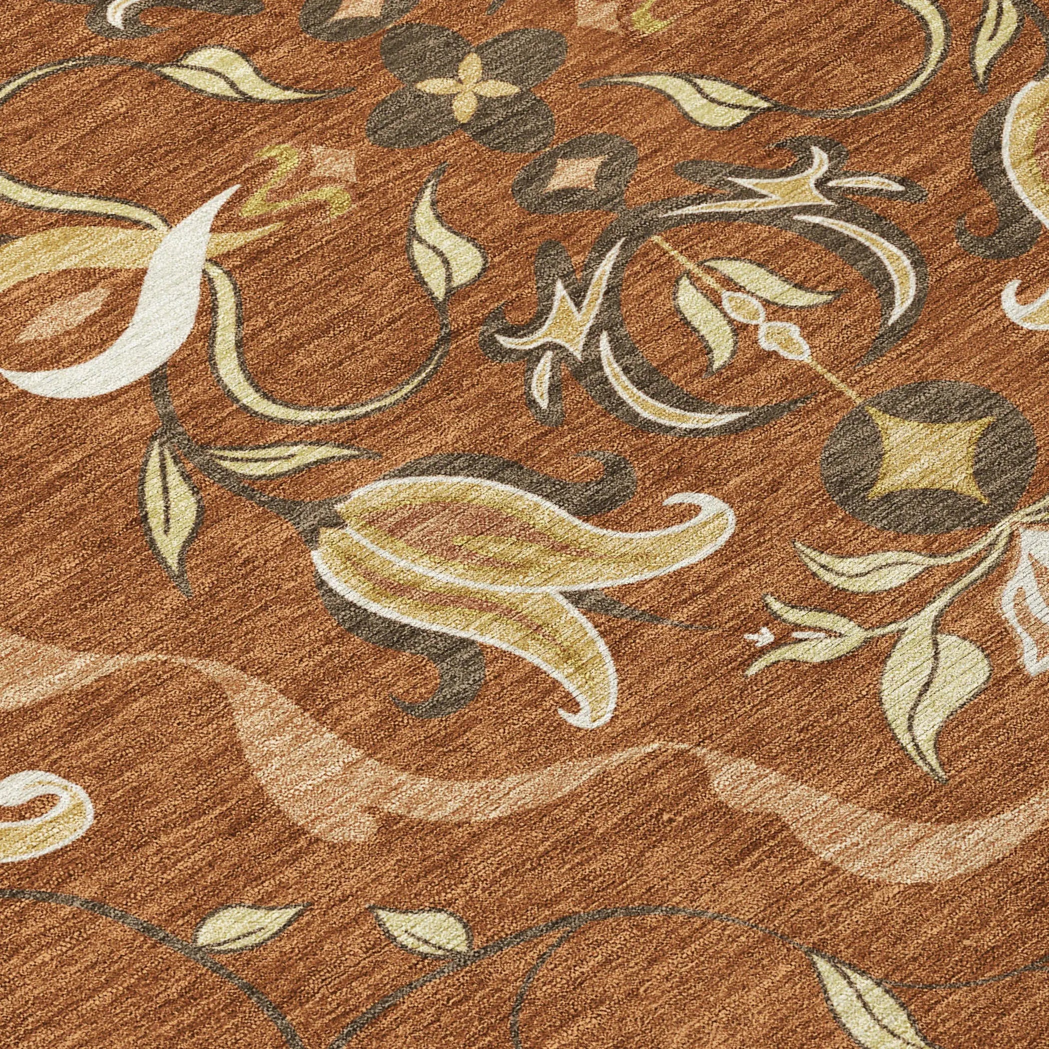 3' X 5' Orange And Brown Damask Washable Indoor Outdoor Area Rug Homeroots Outdoor