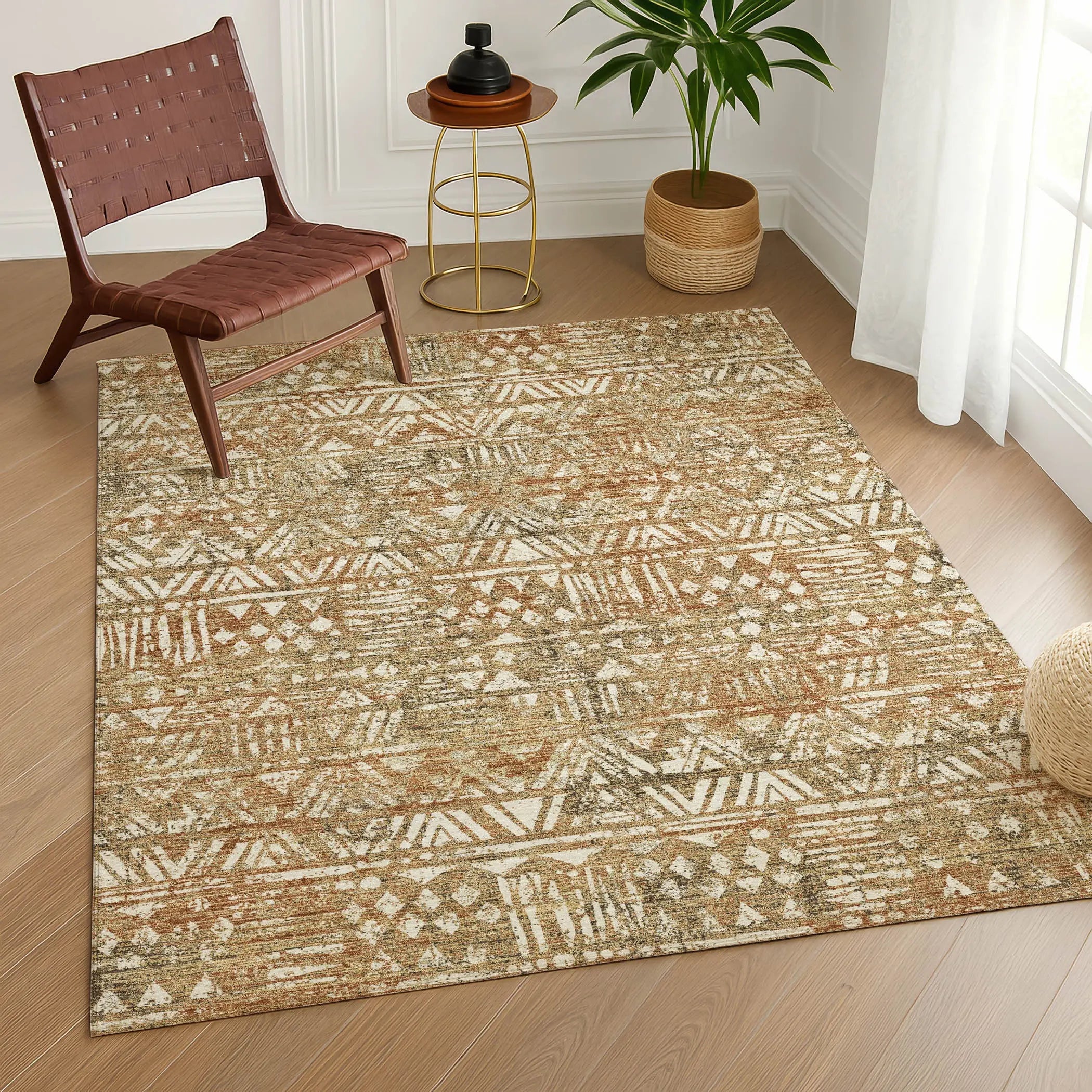 3' X 5' Orange And Brown Geometric Washable Indoor Outdoor Area Rug Homeroots Outdoor