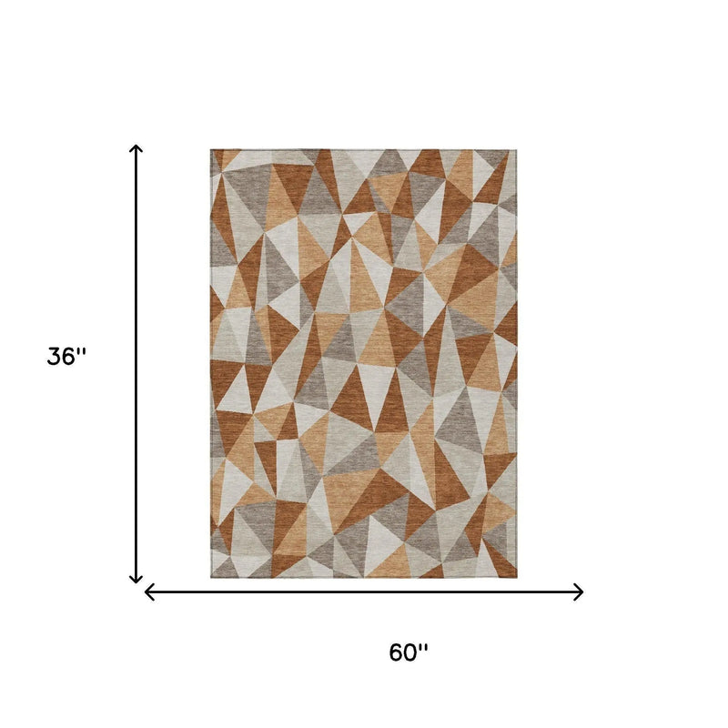 3' X 5' Orange And Brown Geometric Washable Indoor Outdoor Area Rug Homeroots Outdoor