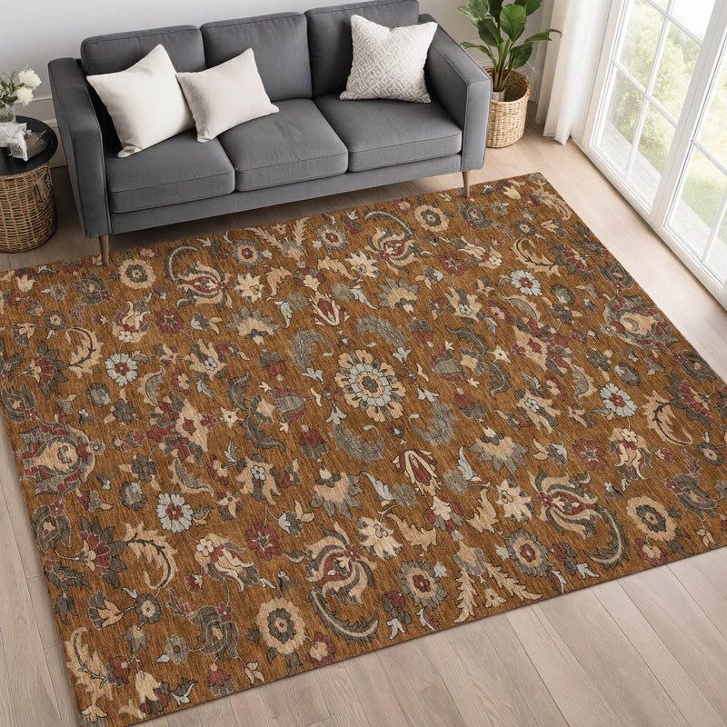3' X 5' Orange And Burgundy Floral Medallion Washable Indoor Outdoor Area Rug Homeroots Outdoor