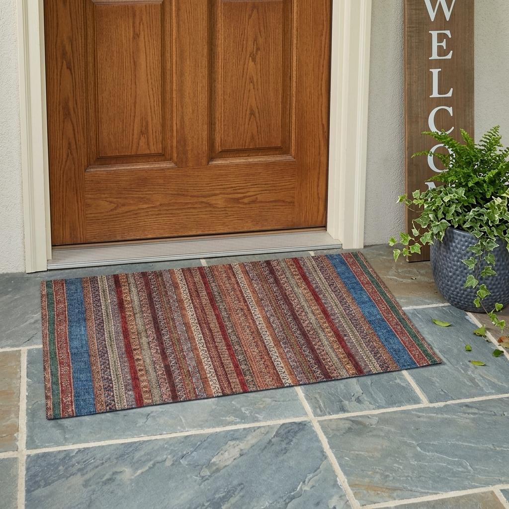 3' X 5' Orange And Burgundy Striped Washable Indoor Outdoor Area Rug Homeroots Outdoor