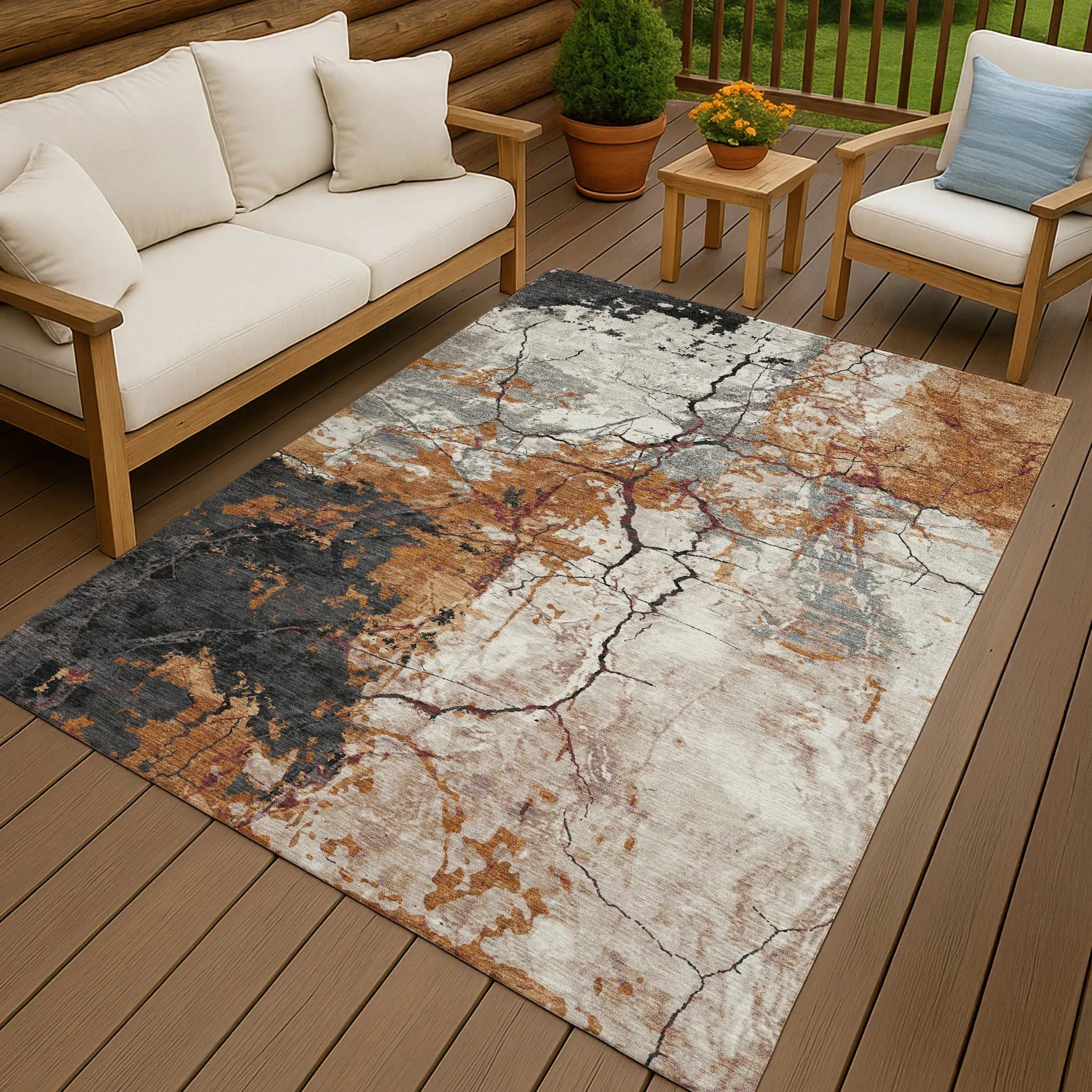 3' X 5' Orange And Copper Abstract Washable Indoor Outdoor Area Rug Homeroots Outdoor