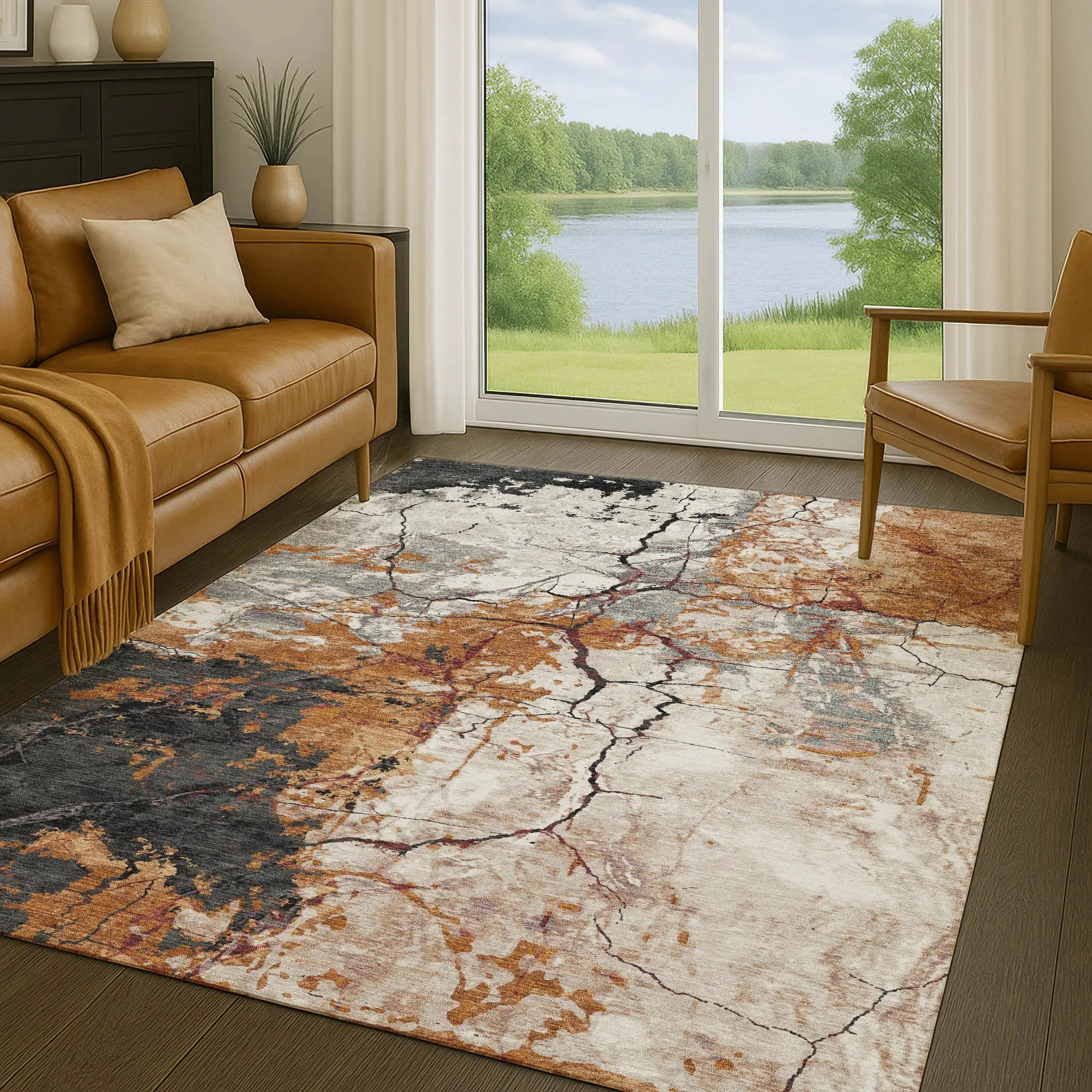 3' X 5' Orange And Copper Abstract Washable Indoor Outdoor Area Rug Homeroots Outdoor