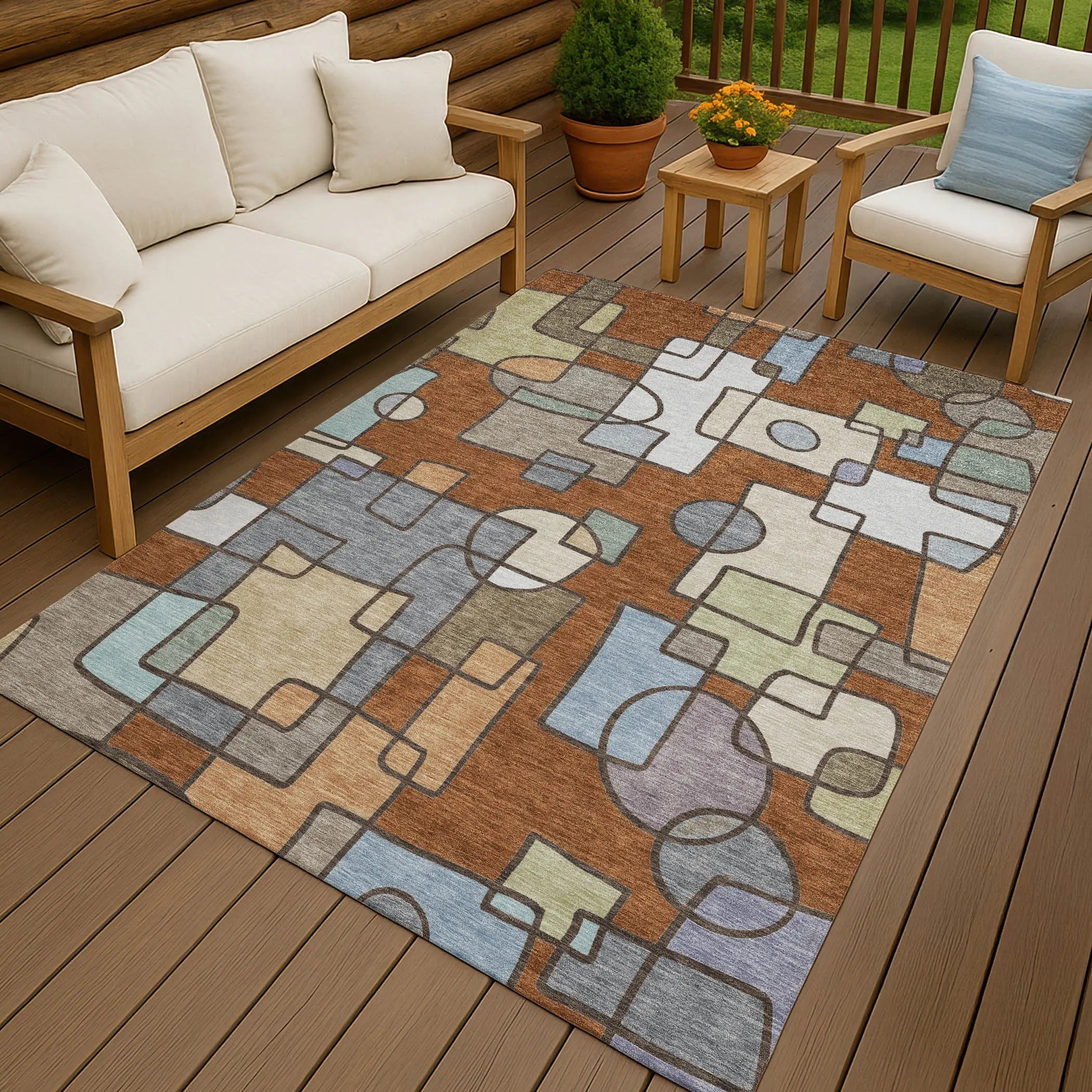 3' X 5' Orange And Copper Geometric Washable Indoor Outdoor Area Rug Homeroots Outdoor