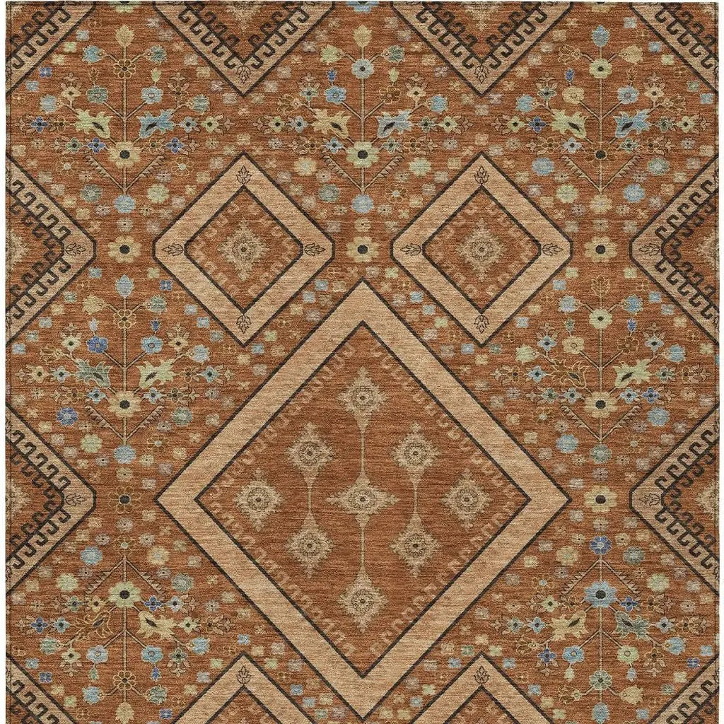 3' X 5' Orange And Copper Medallion Washable Indoor Outdoor Area Rug Homeroots Outdoor