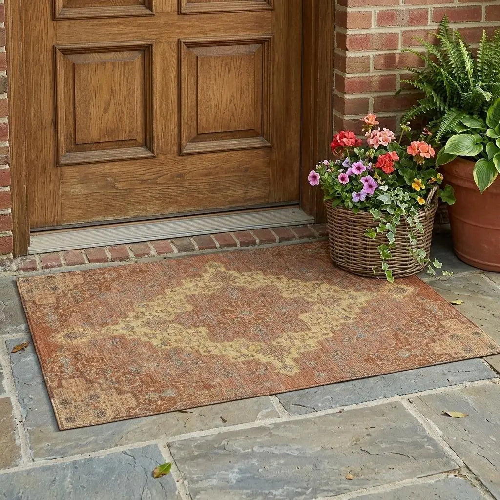 3' X 5' Orange And Gold Medallion Washable Indoor Outdoor Area Rug Homeroots Outdoor