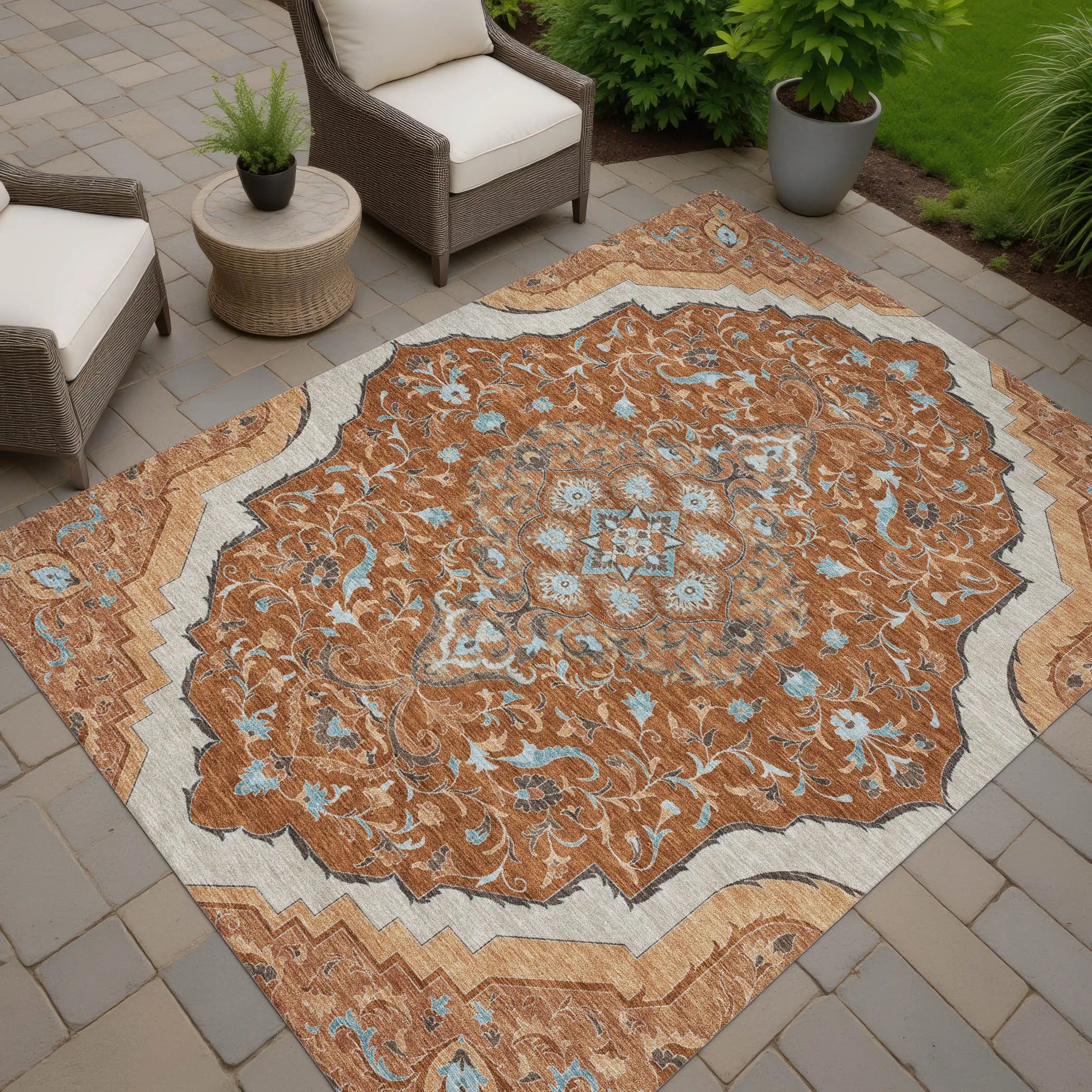 3' X 5' Orange And Graphite Medallion Washable Indoor Outdoor Area Rug Homeroots Outdoor