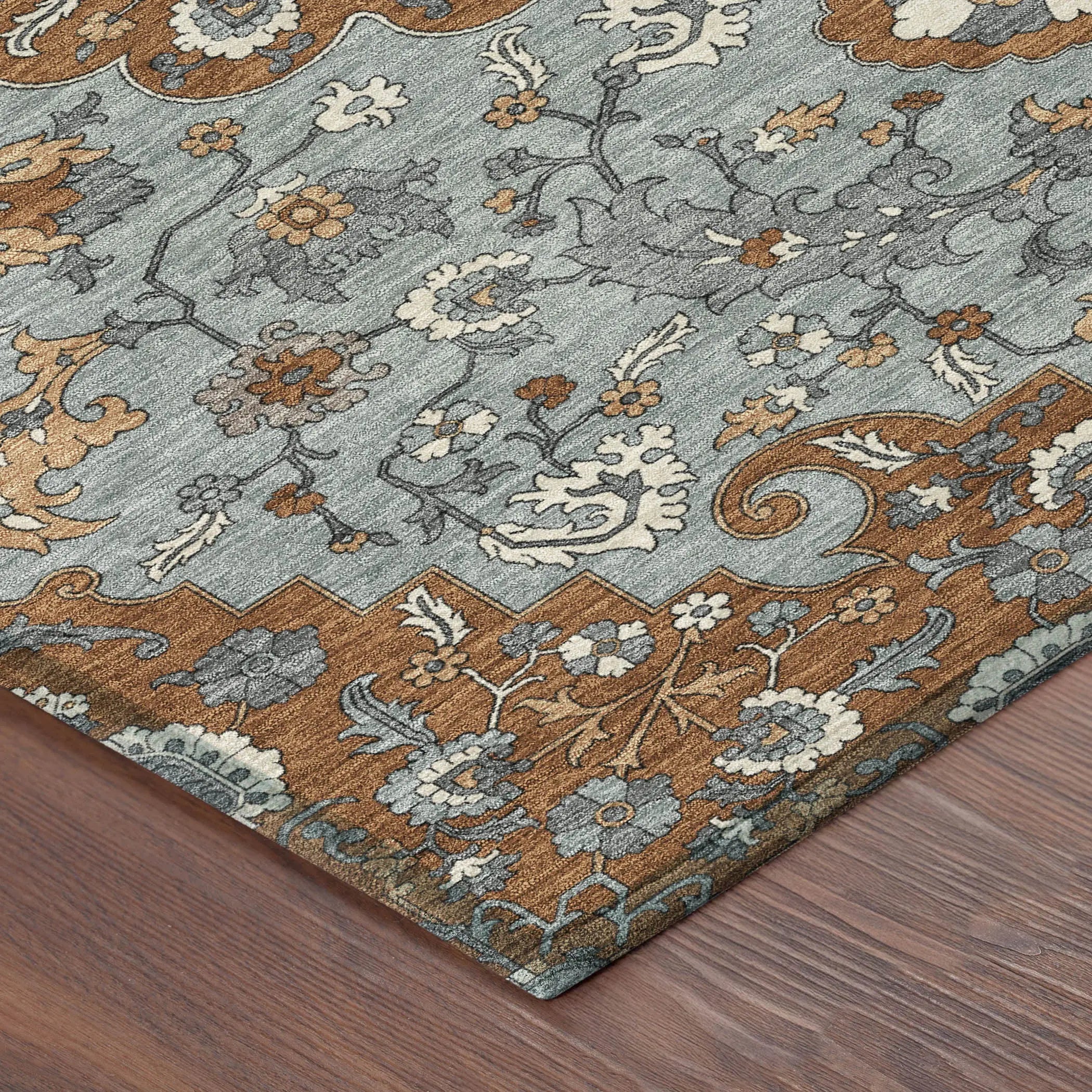 3' X 5' Orange And Gray Floral Medallion Washable Indoor Outdoor Area Rug Homeroots Outdoor