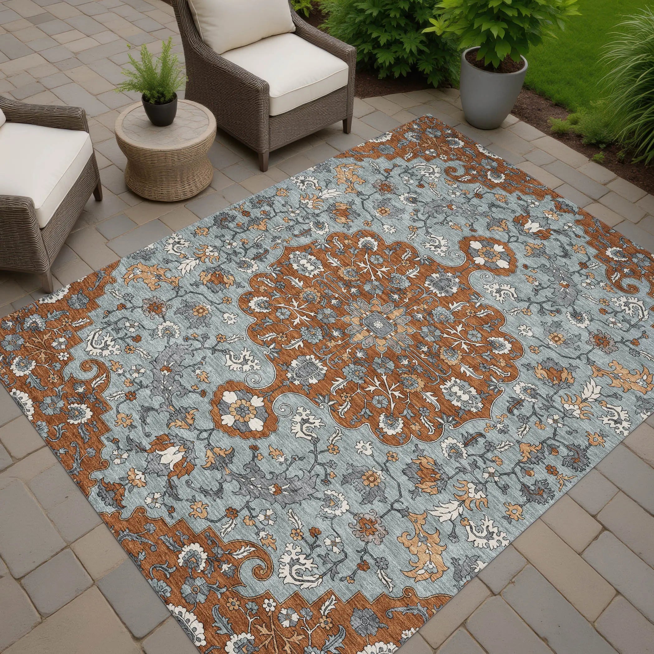3' X 5' Orange And Gray Floral Medallion Washable Indoor Outdoor Area Rug Homeroots Outdoor