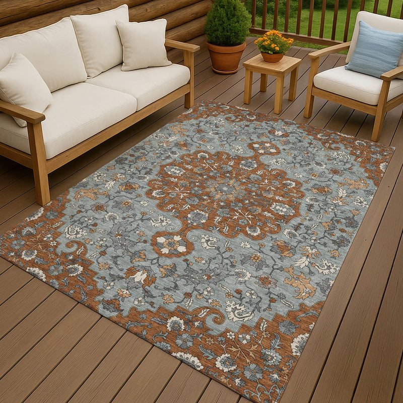 3' X 5' Orange And Gray Floral Medallion Washable Indoor Outdoor Area Rug Homeroots Outdoor