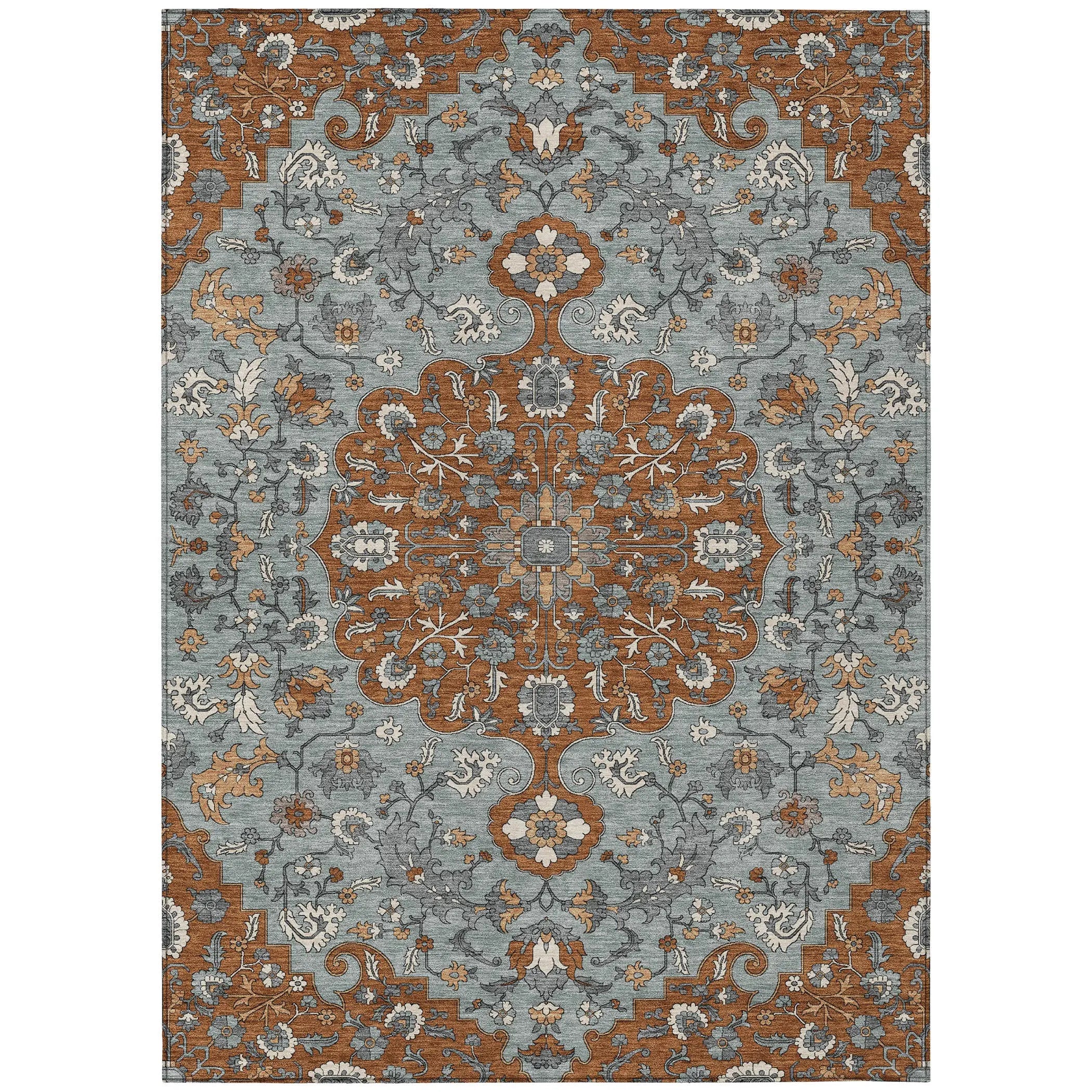 3' X 5' Orange And Gray Floral Medallion Washable Indoor Outdoor Area Rug Homeroots Outdoor
