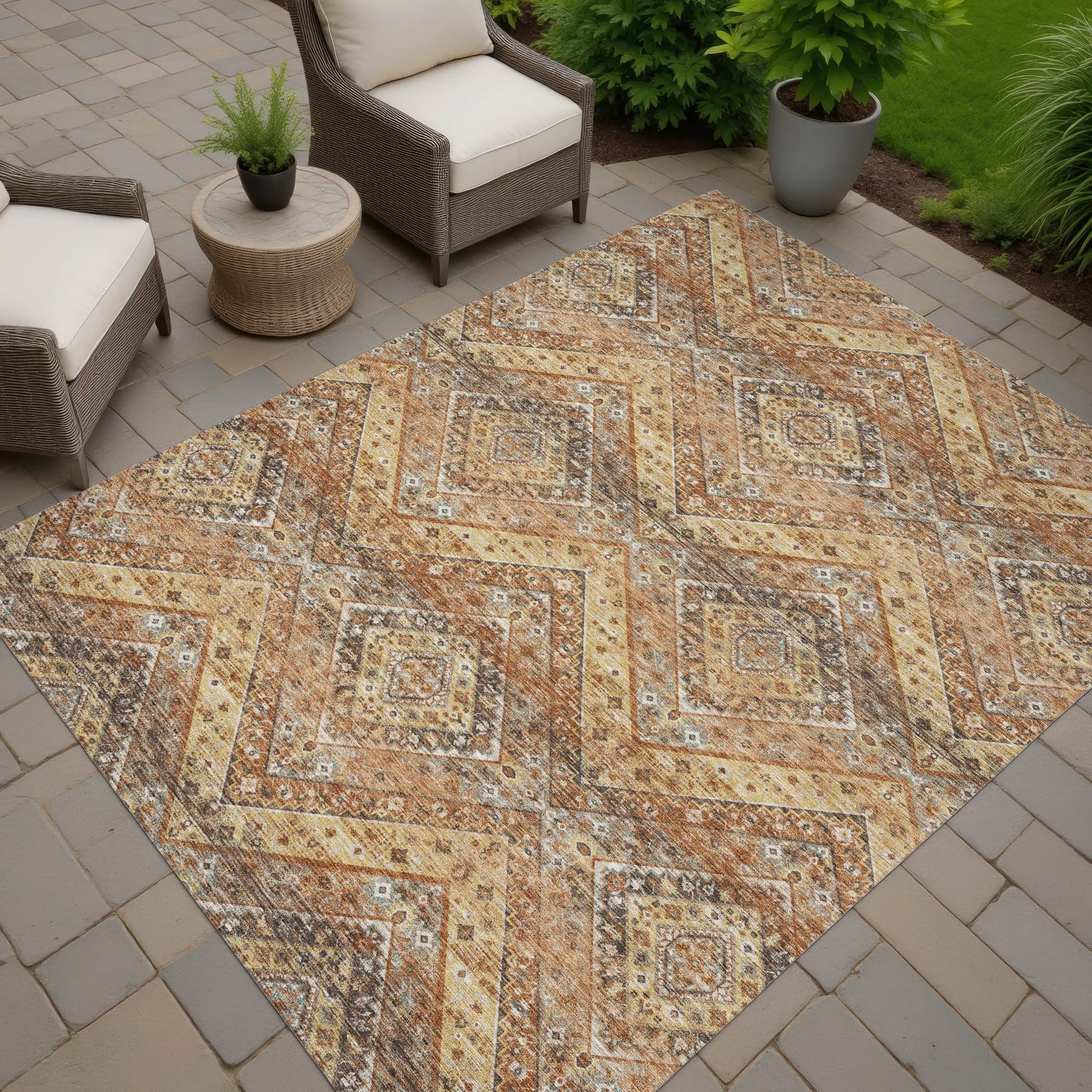3' X 5' Orange And Green Tribal Washable Indoor Outdoor Area Rug Homeroots Outdoor