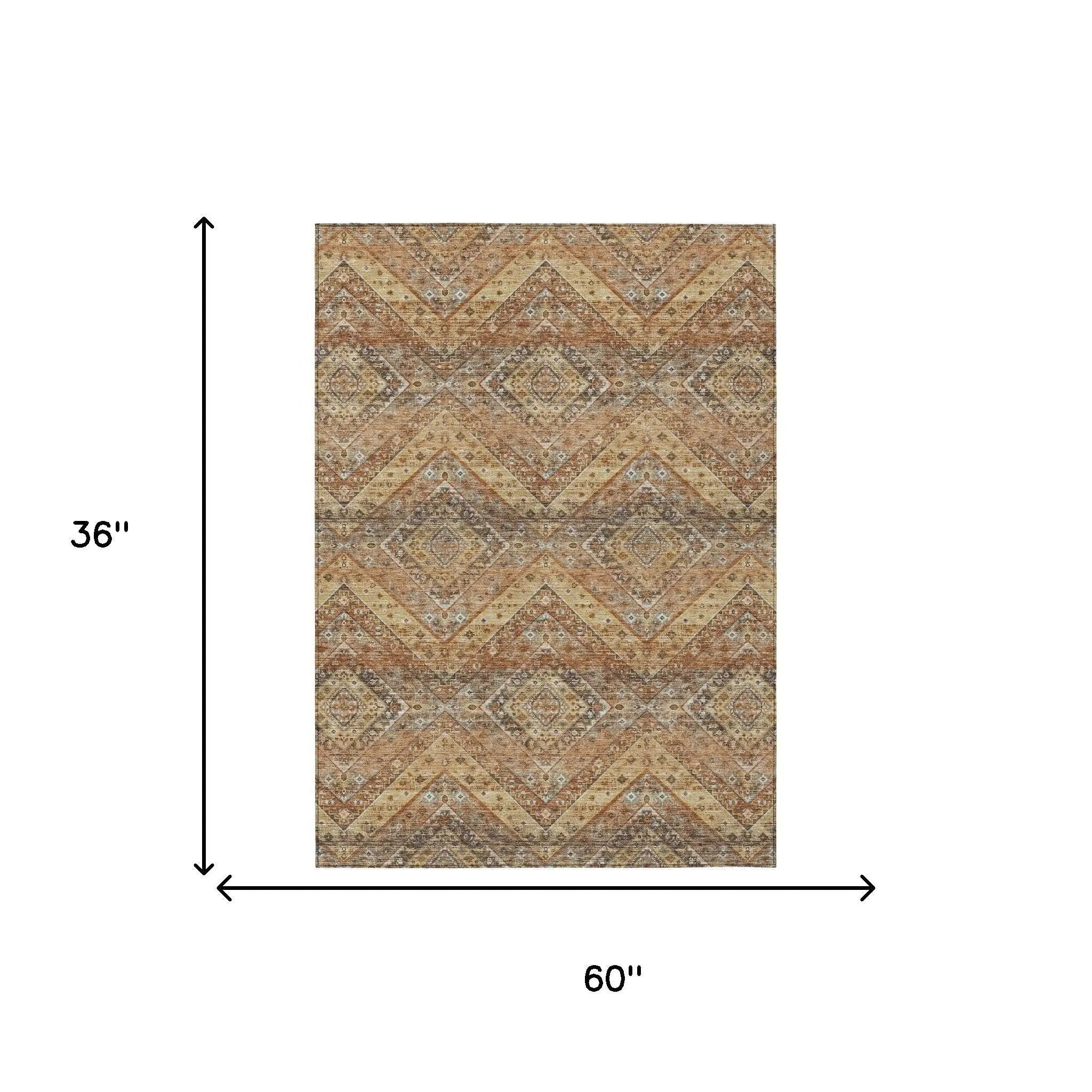 3' X 5' Orange And Green Tribal Washable Indoor Outdoor Area Rug Homeroots Outdoor