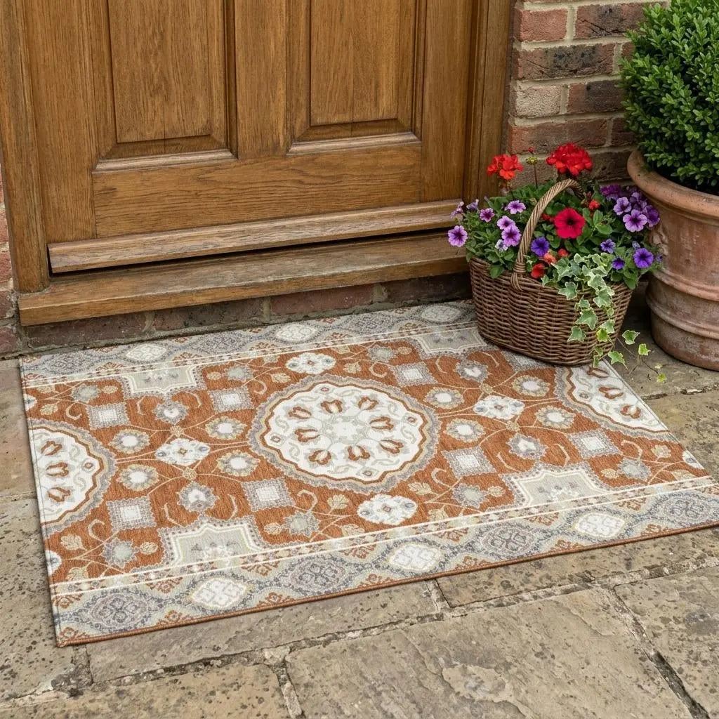 3' X 5' Orange And Ivory Floral Medallion Washable Indoor Outdoor Area Rug Homeroots Outdoor