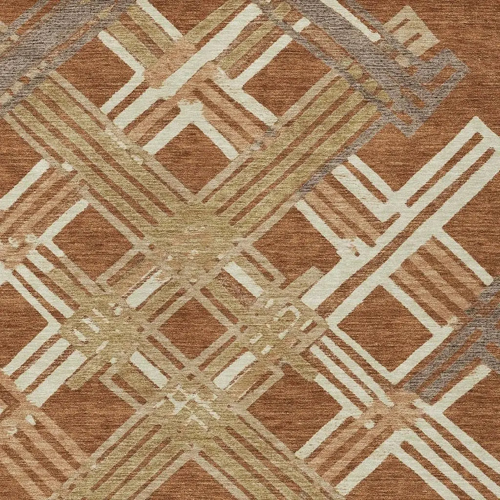 3' X 5' Orange And Ivory Geometric Washable Indoor Outdoor Area Rug Homeroots Outdoor