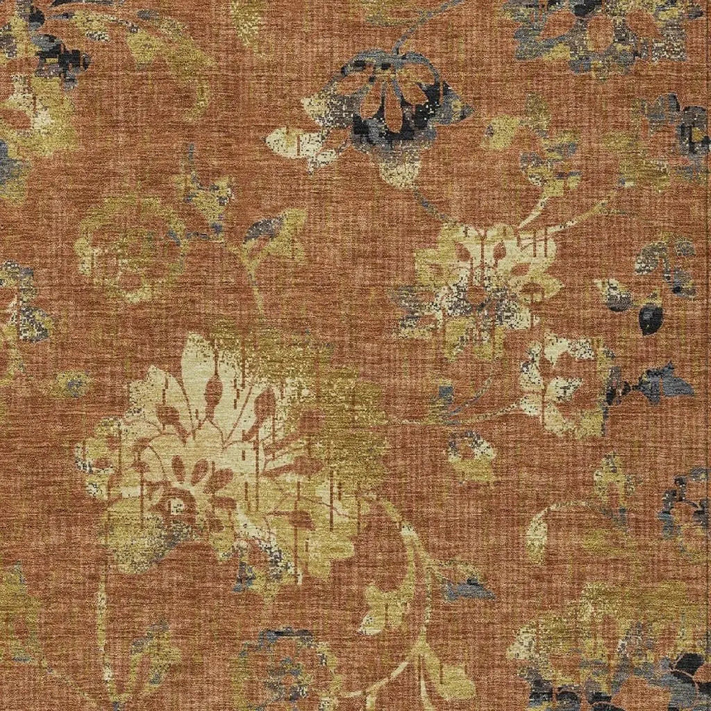 3' X 5' Orange And Rust Floral Washable Indoor Outdoor Area Rug Homeroots Outdoor